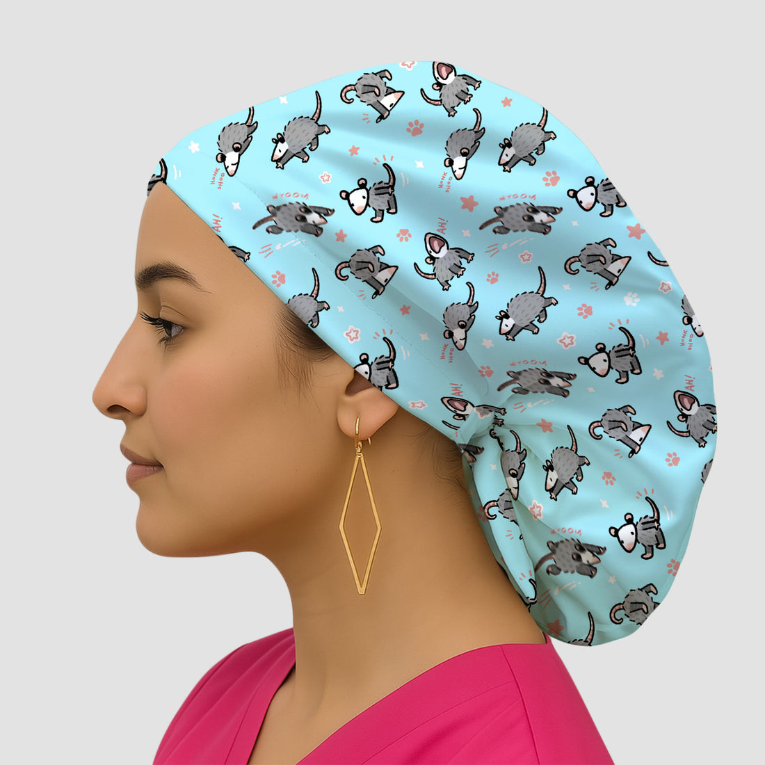 Playful Cartoon Opossum Character Pattern Cap, Bouffant Scrub Caps for Women