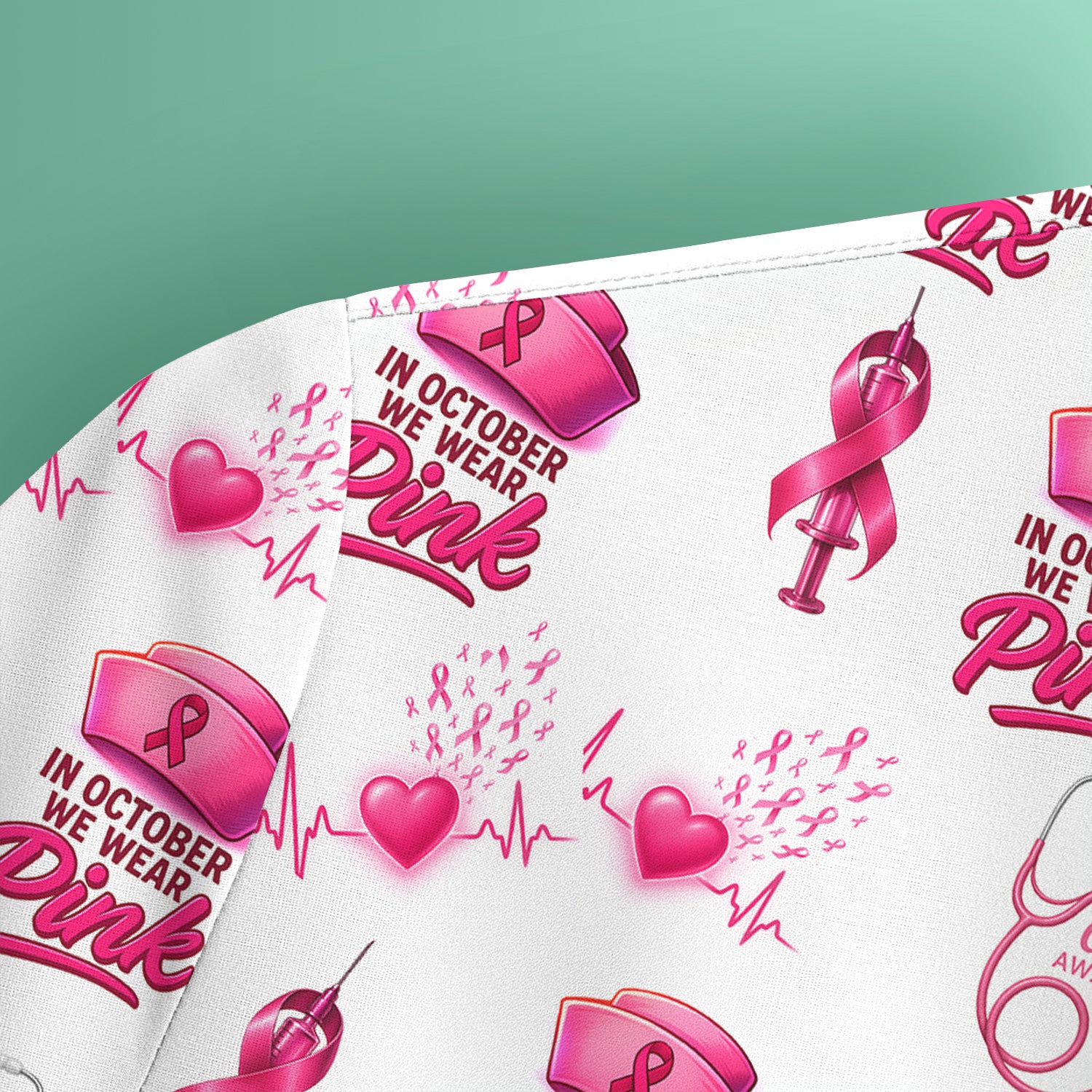 Nurse Breast Cancer Awareness Scrub Top - In October We Wear Pink Design - Gift for RN LPN Healthcare Workers