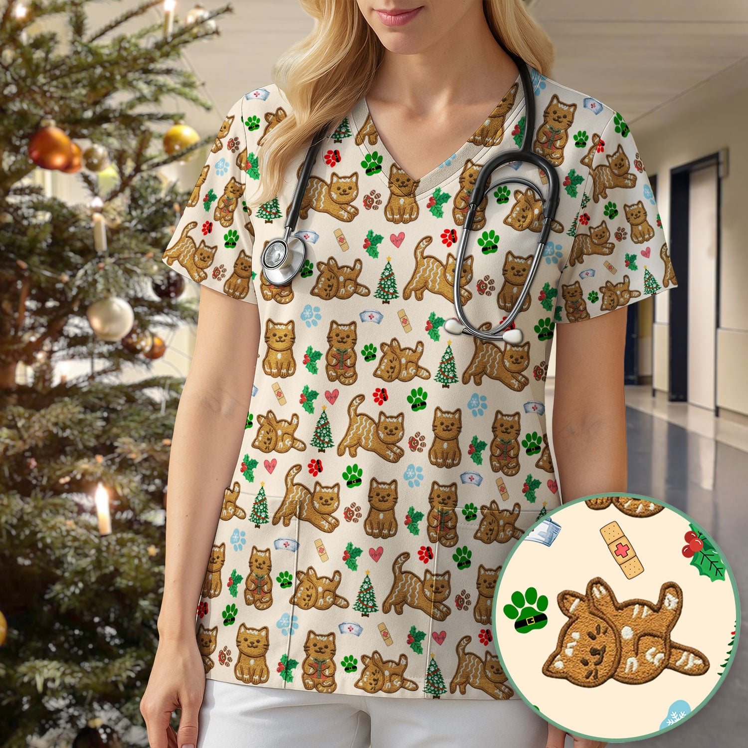 Gingerbread Cat Christmas Scrub Top, Cute Holiday Kitty Medical Uniform Shirt For Nursing, Festive Nurse Pattern