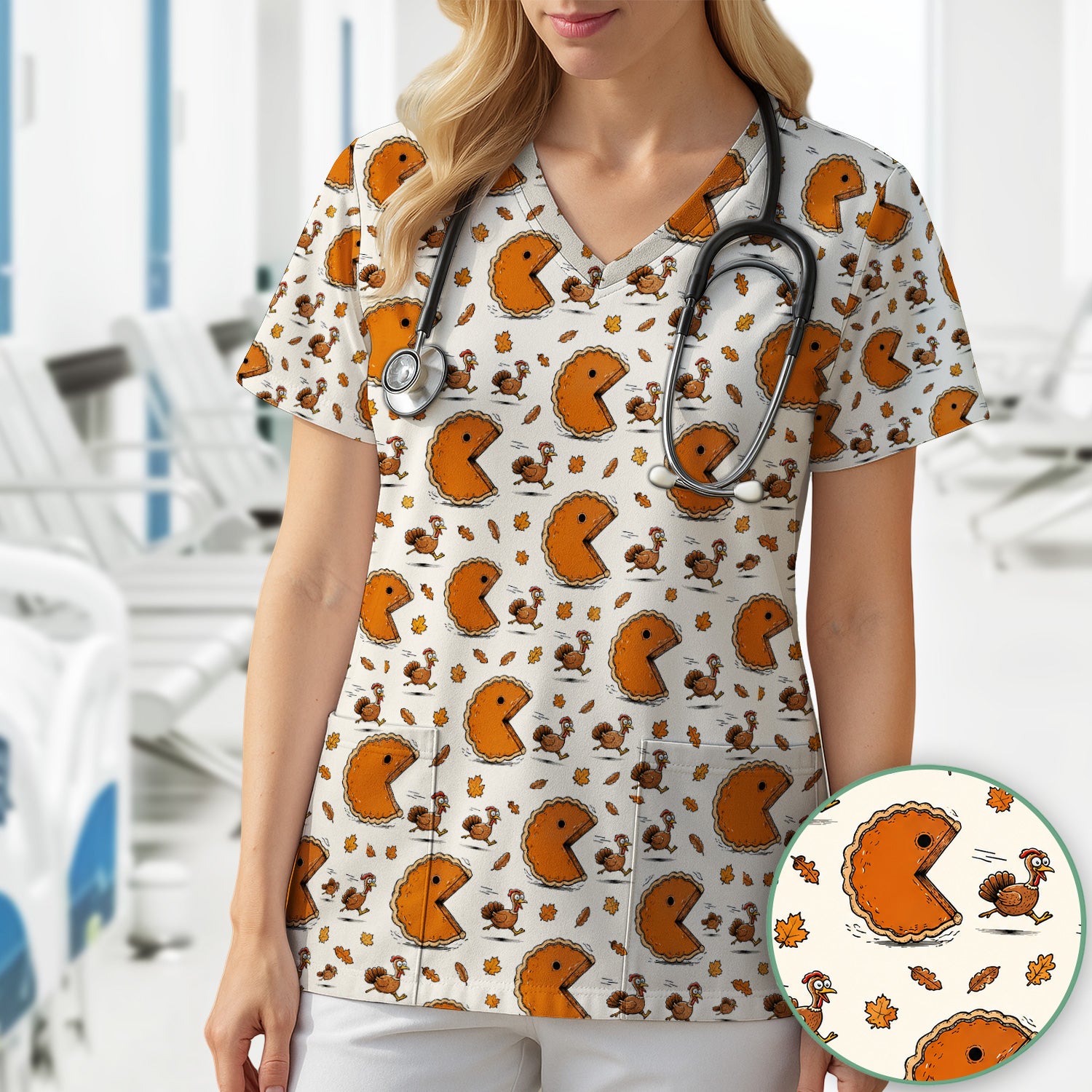 Thanksgiving Pie Chasing Turkey Scrub Top, Comfortable Scrubs for Nurses