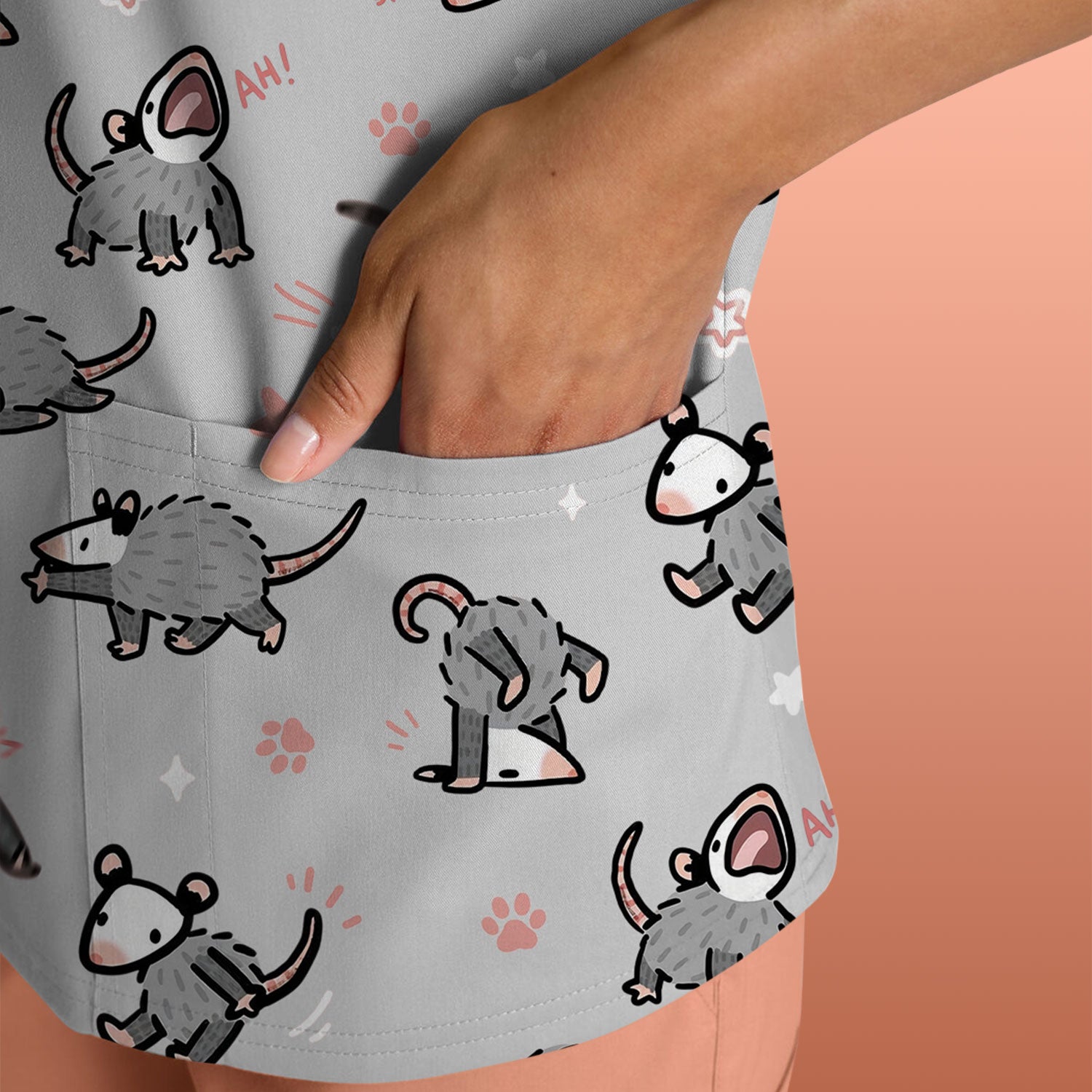 Playful Cartoon Opossum Character Pattern Scrub Top, Breathable Fabrics Nursing Uniform