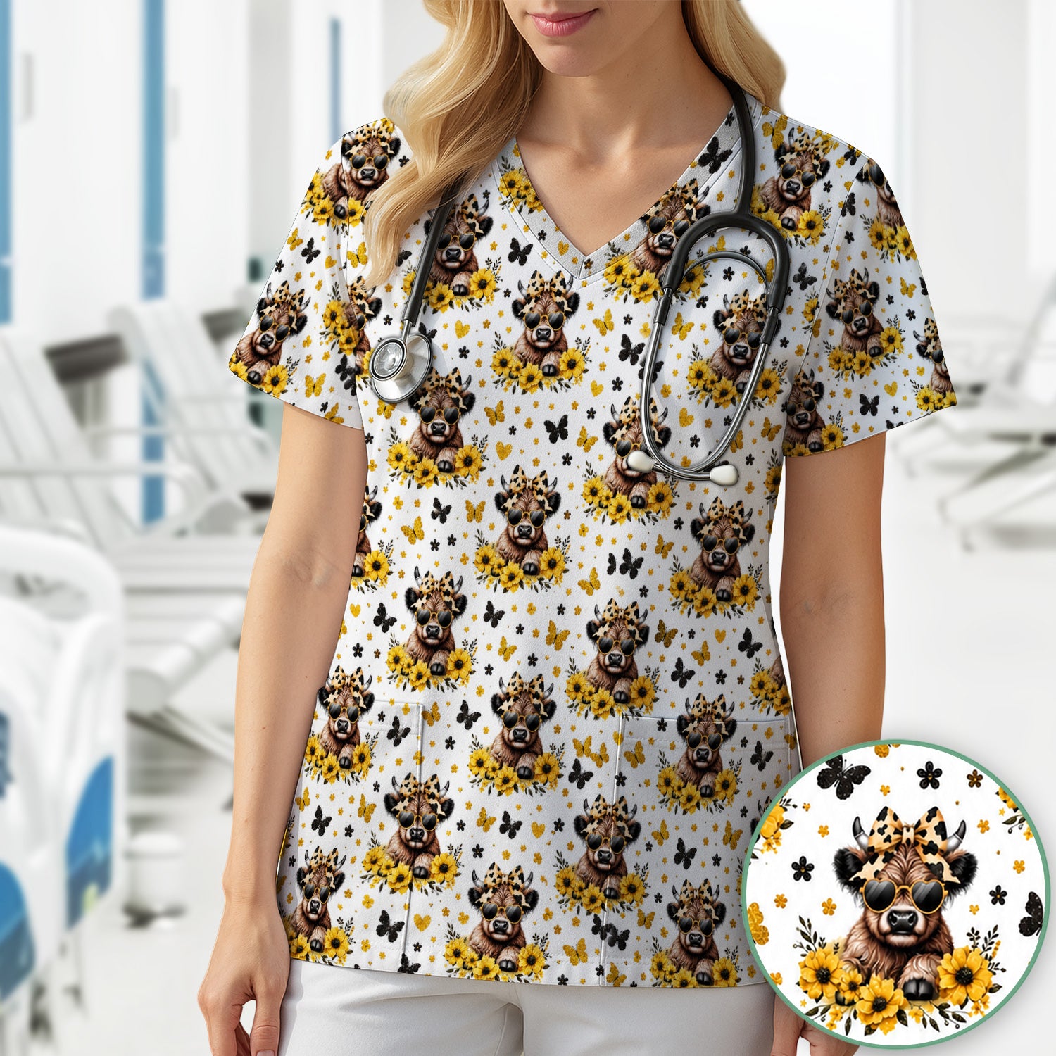 Cow With Sunflower Bow Pattern Scrub Top, Comfortable Scrubs for Nurses