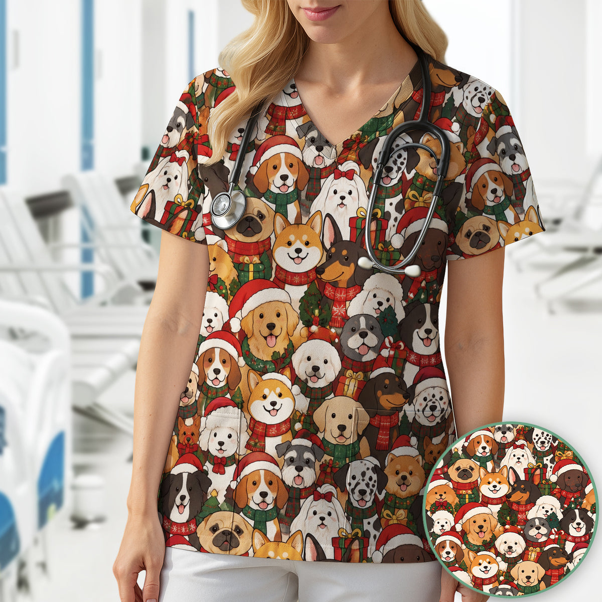 Christmas Dog Breeds Collage Pattern Scrub Top, Comfortable Scrubs for Nurses