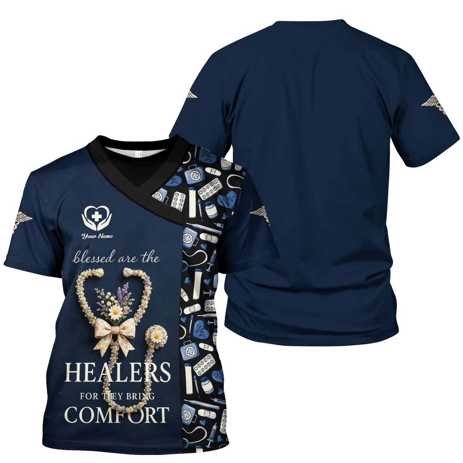 Personalized Blessed Healer Scrubs for Women RN CNA LPN - Floral Heart Stethoscope Design with Inspirational Quote - Custom Name Gift for Healthcare Workers & Nurses