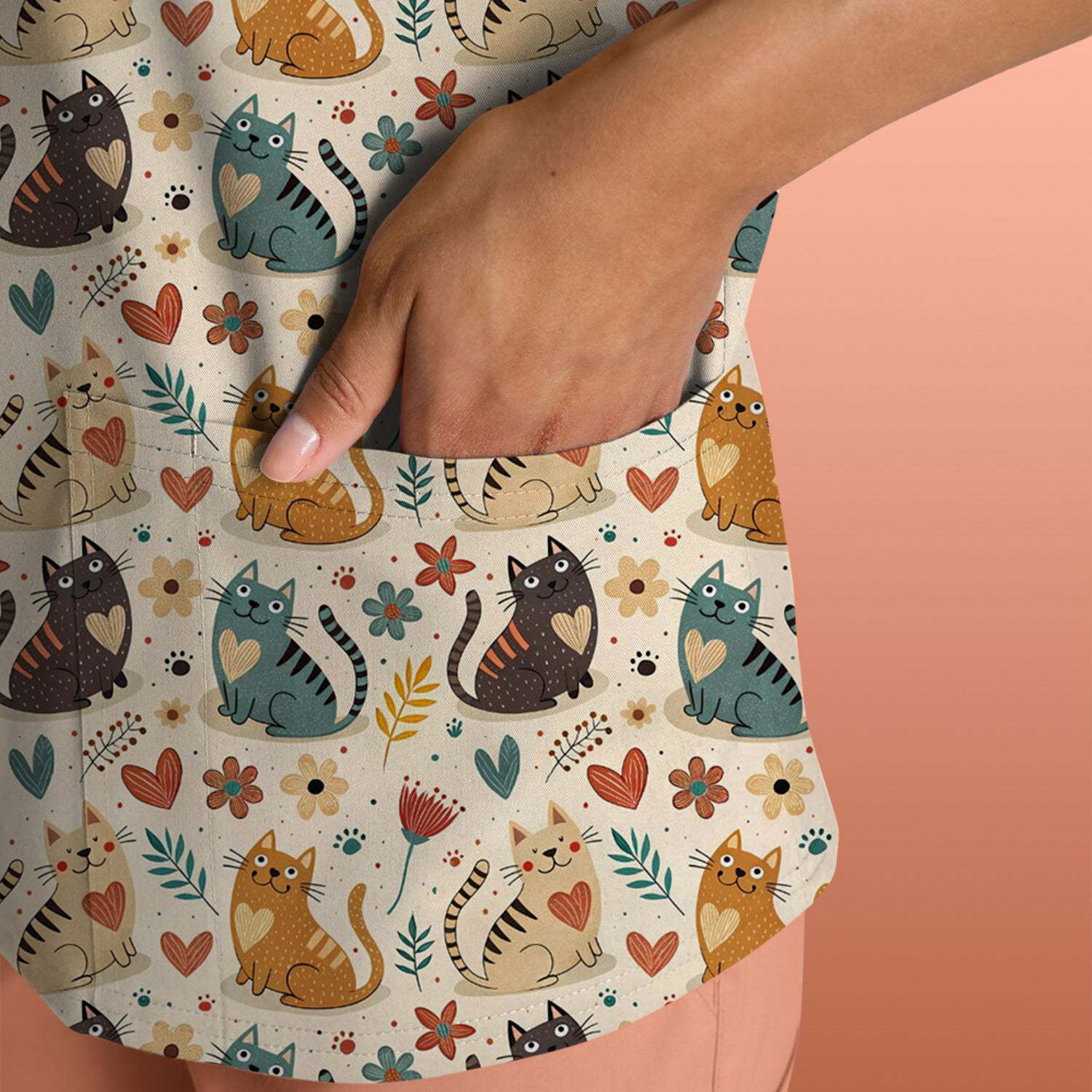 Cute Cat Print V Neck Scrub Top for Nurses, Floral Medical Uniform