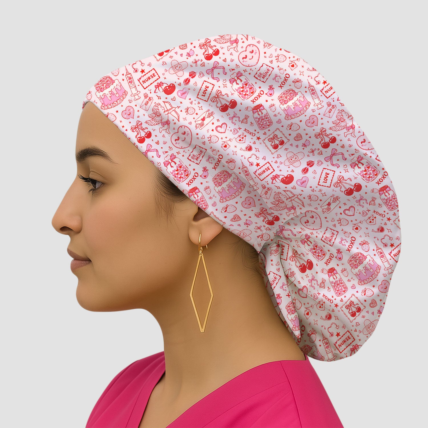 Valentine Pink XOXO Pattern Nurse Scrub Cap, Comfortable Uniform Scrubs For Nursing