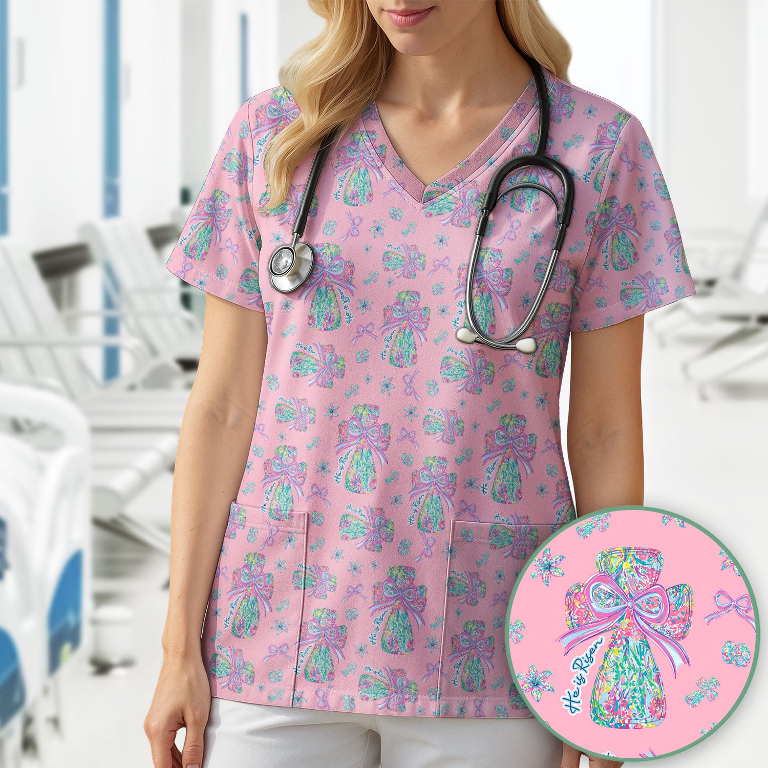 Colorful Bow Pattern Scrub Top, Breathable Fabrics Nursing Uniform