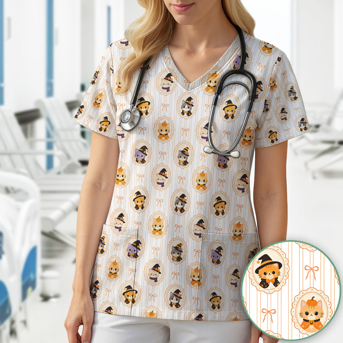 Cute Halloween Cat Stripe Pattern Scrub Top, Comfortable Scrubs for Nurses