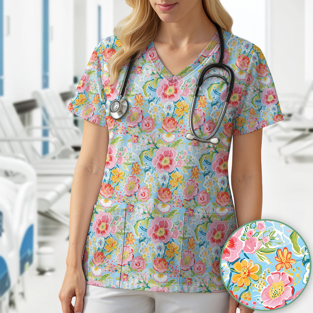 Pastel Tropical Floral Garden Pattern Scrub Top, Comfortable Scrubs for Nurses