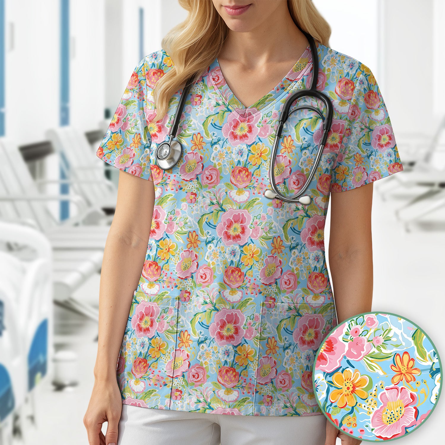 Pastel Tropical Floral Garden Pattern Scrub Top, Comfortable Scrubs for Nurses