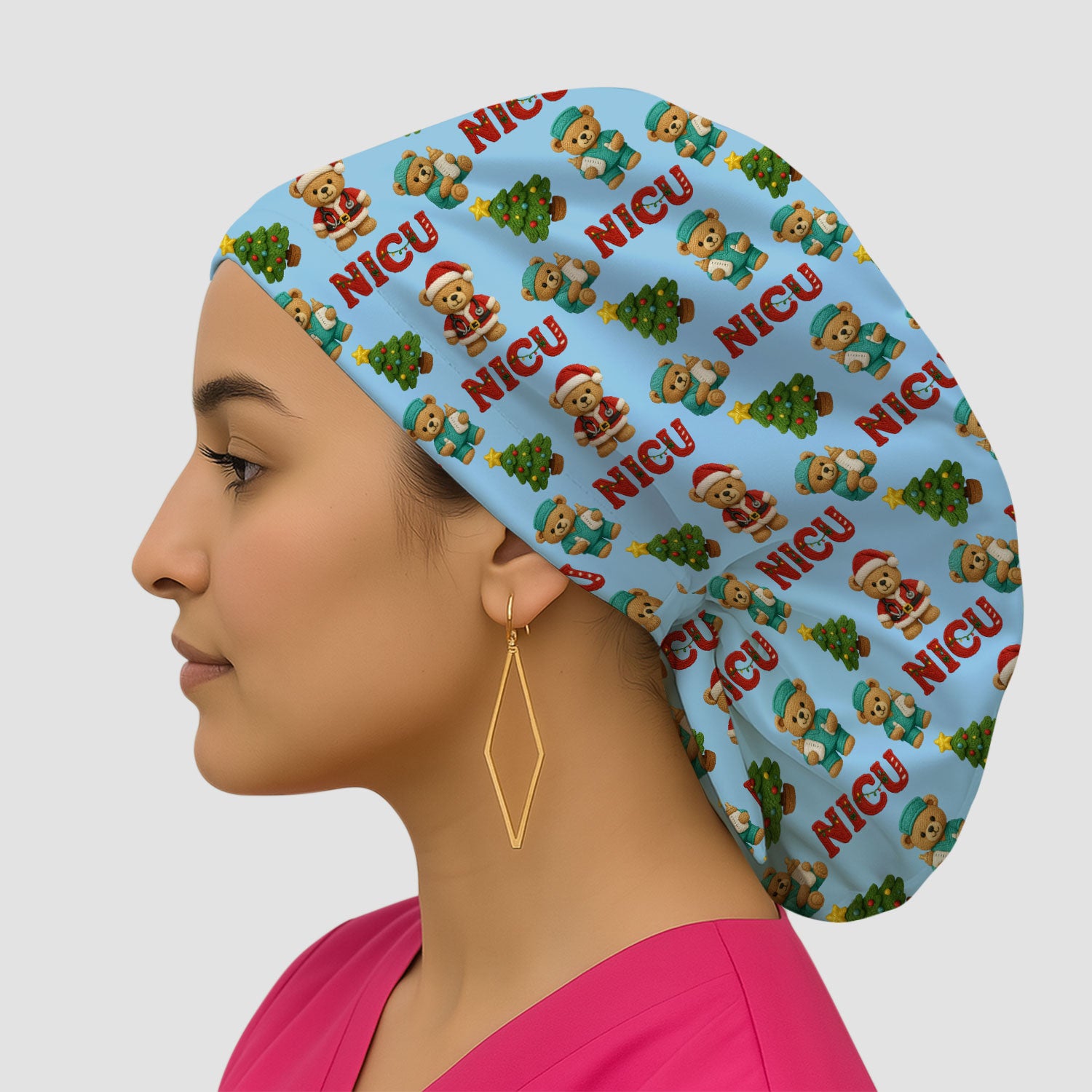 Festive Christmas NICU Nurse Teddy Bear Pattern Print Cap, Bouffant Scrub Caps for Women