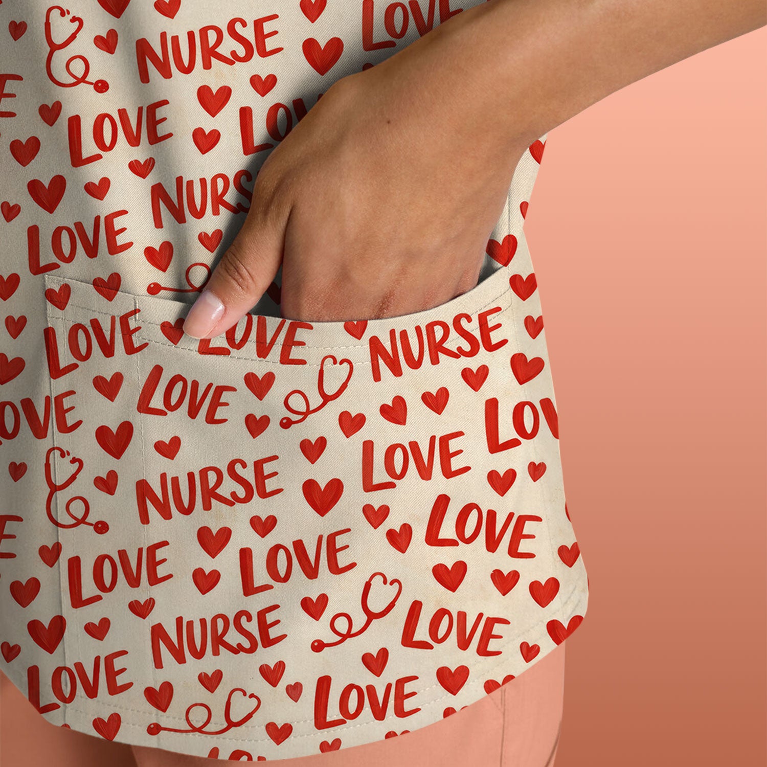 Valentine Pattern Scrub Top, Love Heart Medical Nurse Scrub Shirt, Breathable Fabrics Nursing Uniform