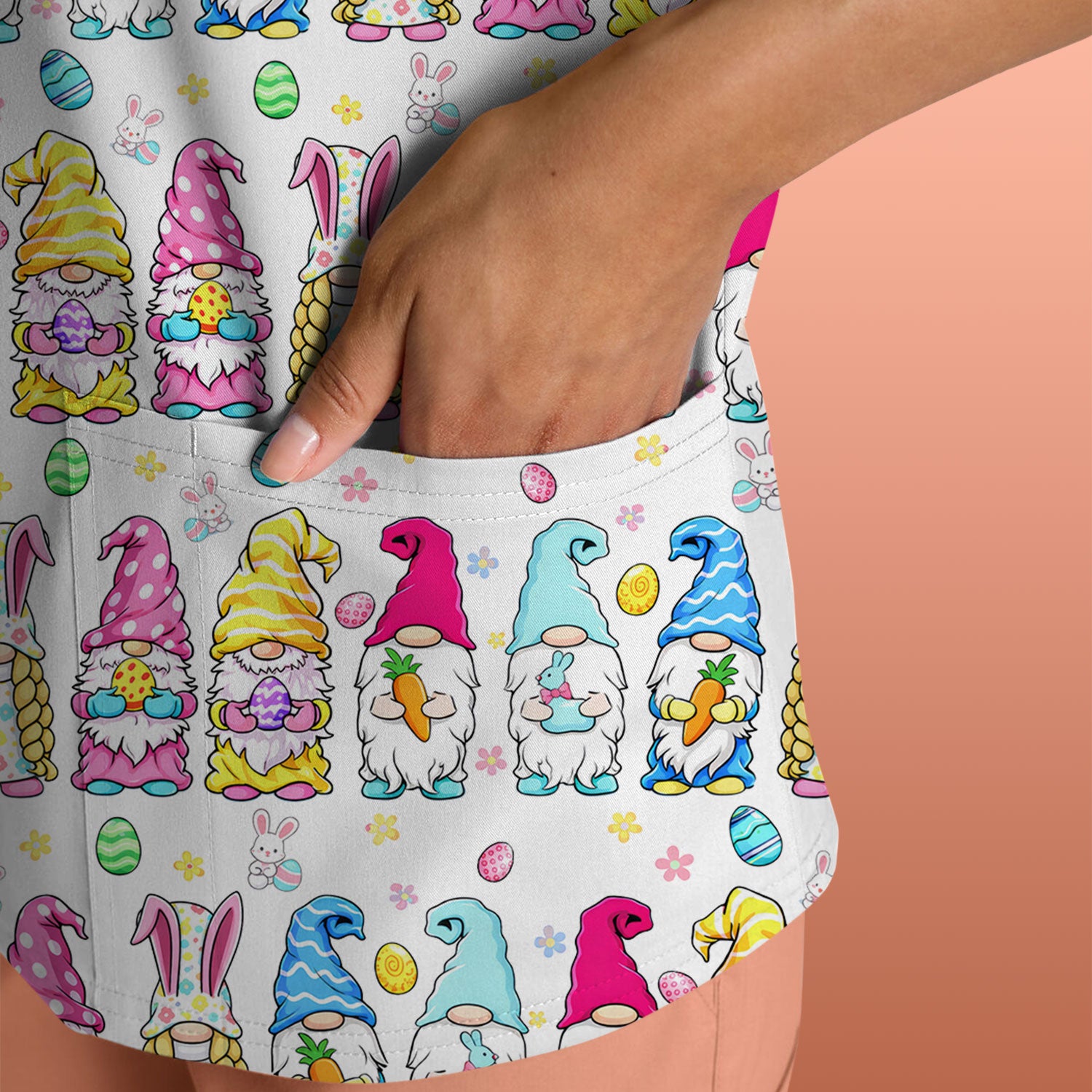 Colorful Easter Gnome Bunny Eggs Print Scrub Top, Comfortable Scrubs for Nurses