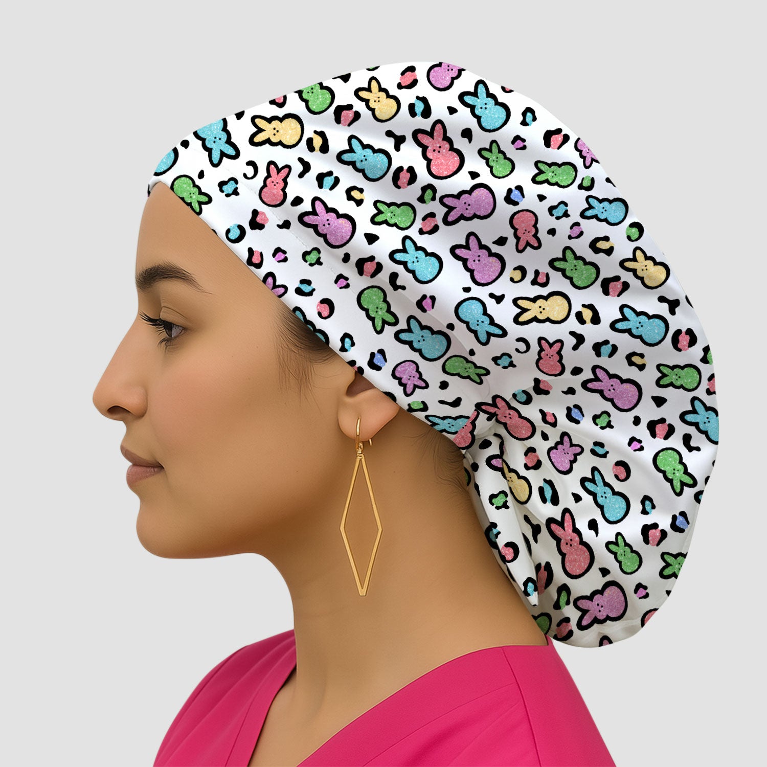 Cute Easter Bunny Pastel Pattern Print Cap, Bouffant Scrub Caps for Women