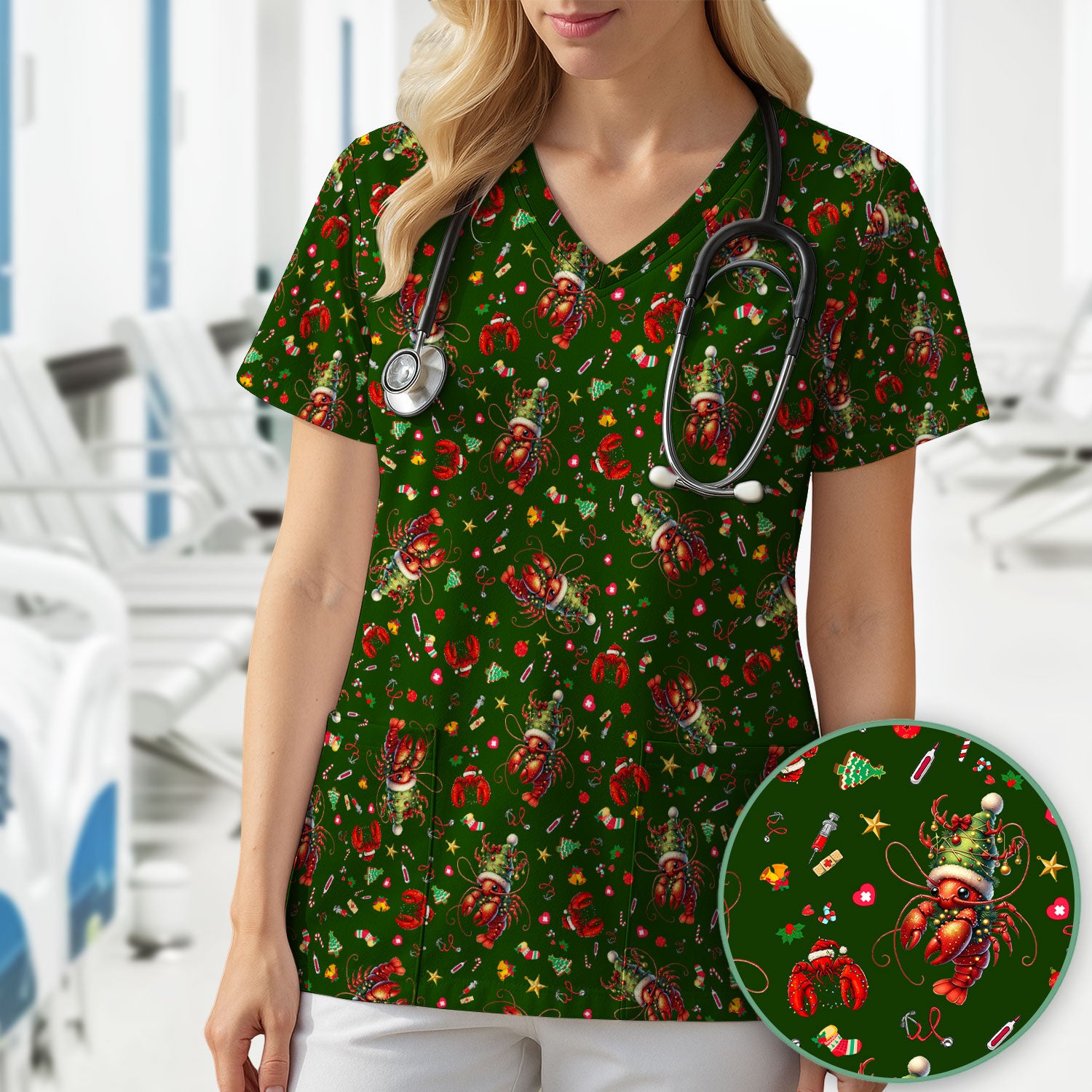Whimsical Crawfish Christmas Scrub Top – Southern Christmas Cajun Holiday Crawfish Pattern – Cute Medical Uniform for Nurses, Vets And Healthcare Workers