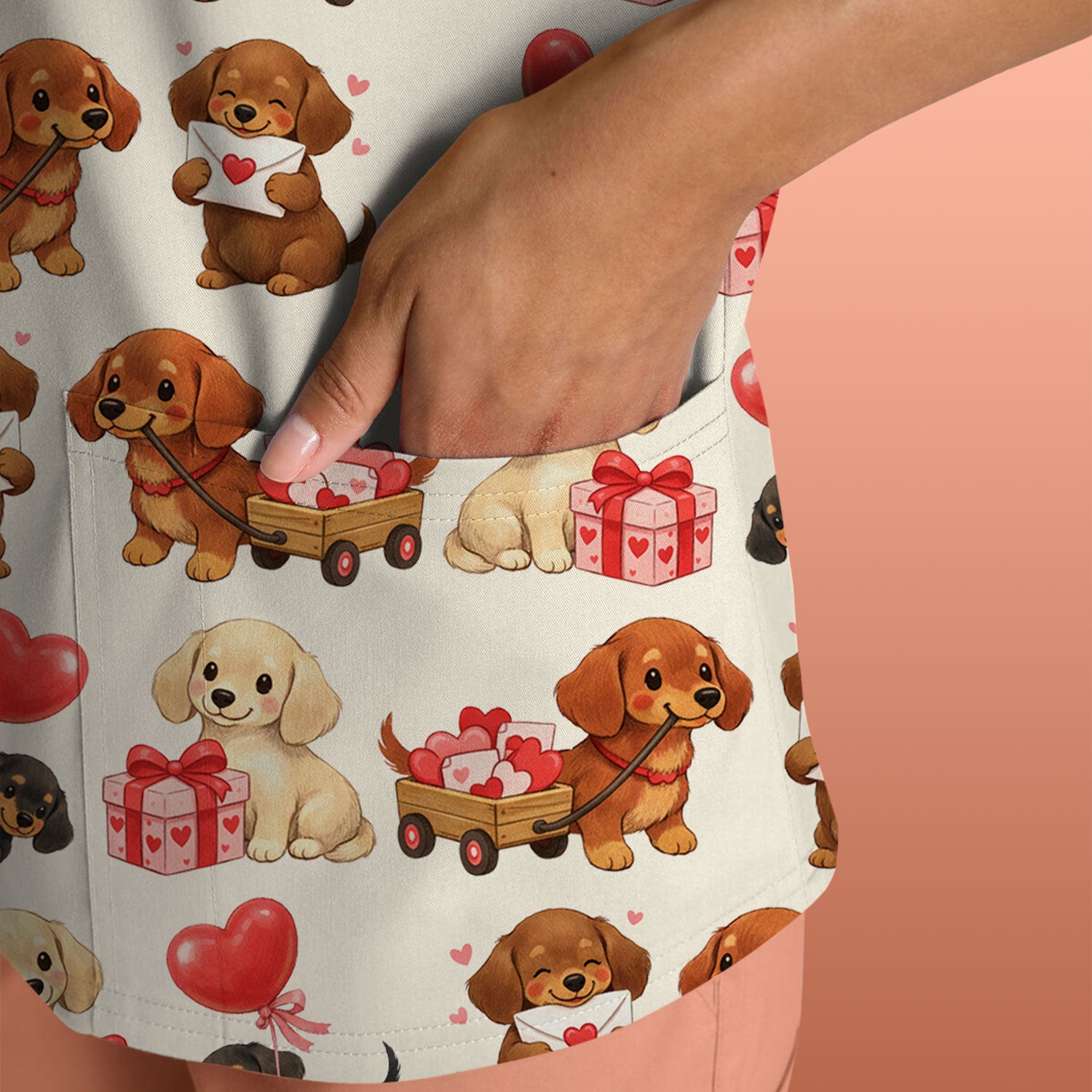 Cute Dachshund Nurse Scrub Top For Nurses, Wiener Dog Pattern Nurse Shirt, Breathable Fabrics Nursing Uniform