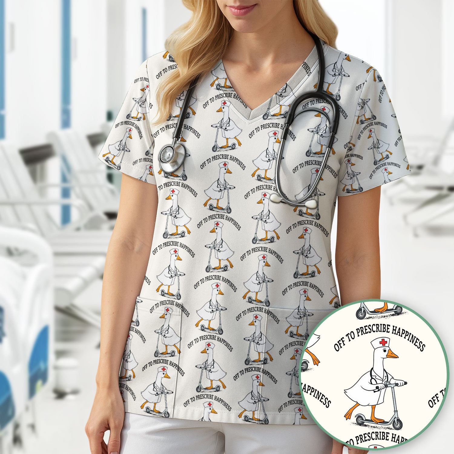 Nurse Goose Scooter Print Scrub Top, Breathable Fabrics Nursing Uniform