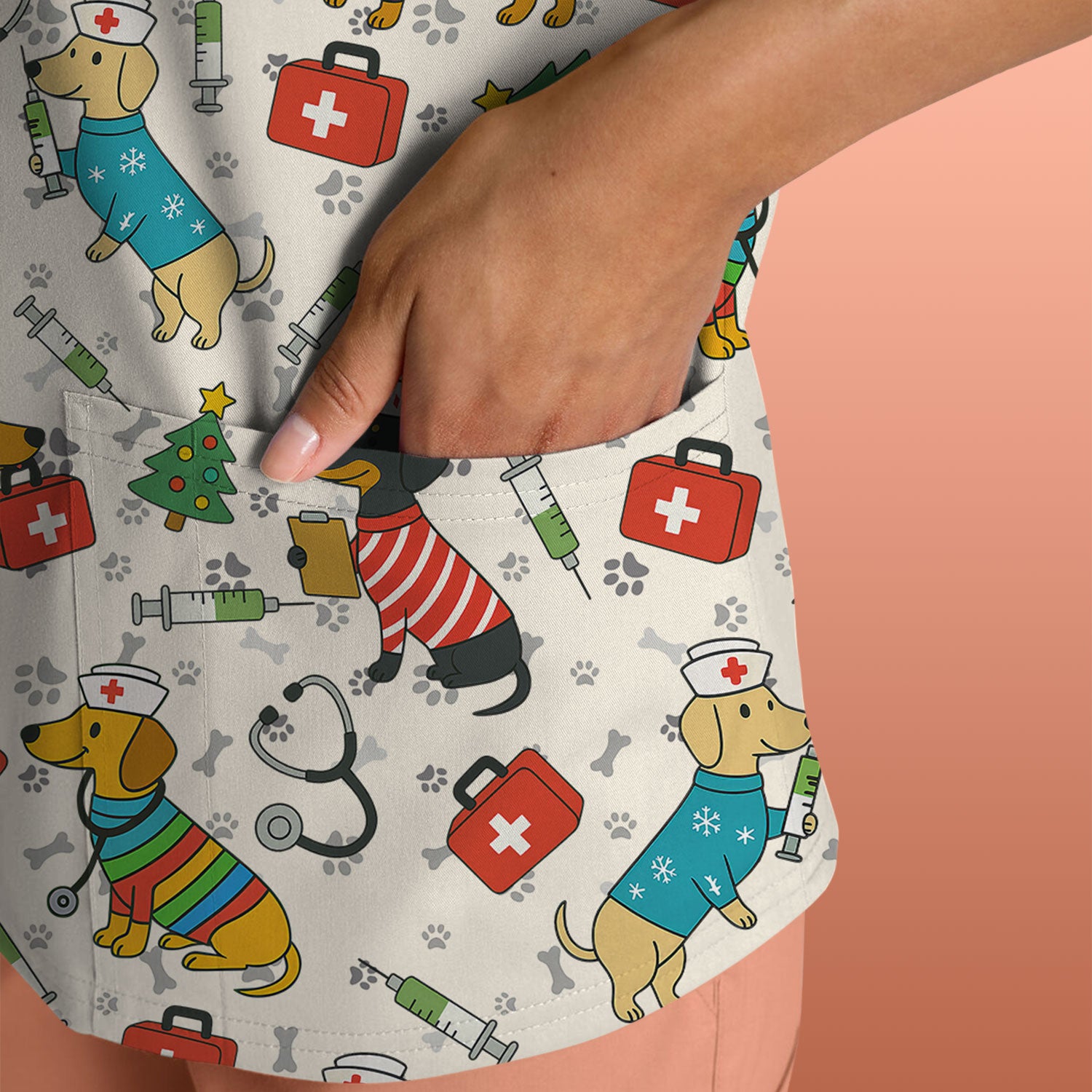 Christmas Dachshund Scrub Top - Funny Dog Nurse Scrubs Multi Color - Holiday Scrub Shirt Gift for Women Men, CNA, RN, Medical Professional
