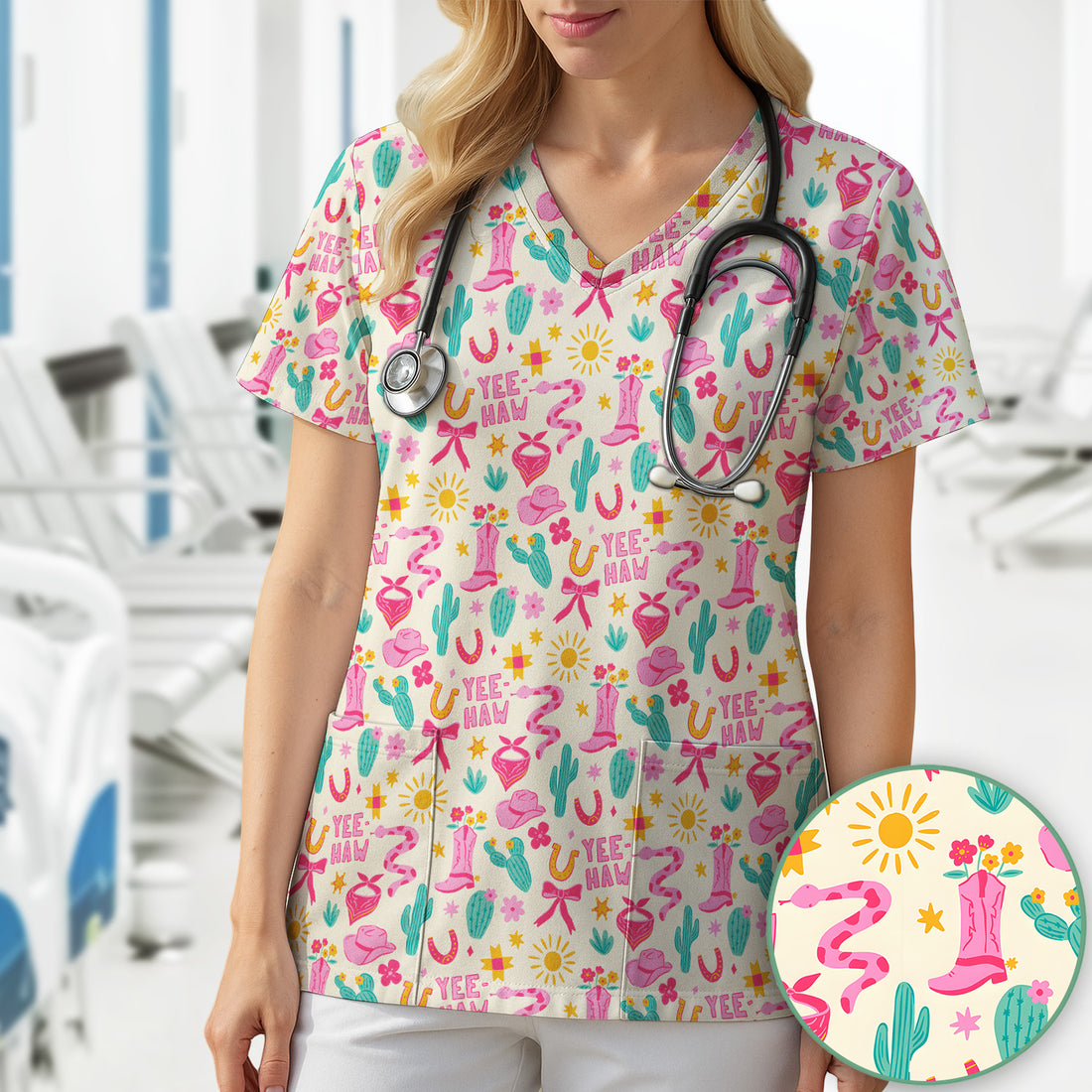 Pink Western Cowgirl Nurse Scrub Top for RN, CNA, Pediatric Nurses, Rodeo Uniform