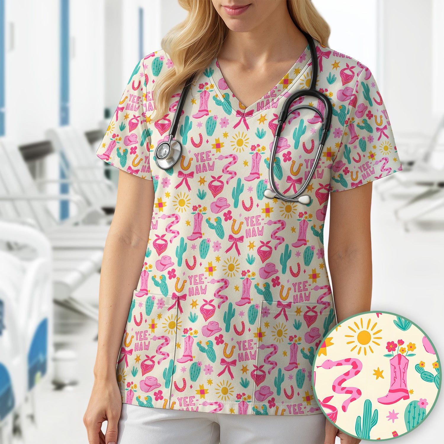 Pink Western Cowgirl Nurse Scrub Top for RN, CNA, Pediatric Nurses, Rodeo Uniform