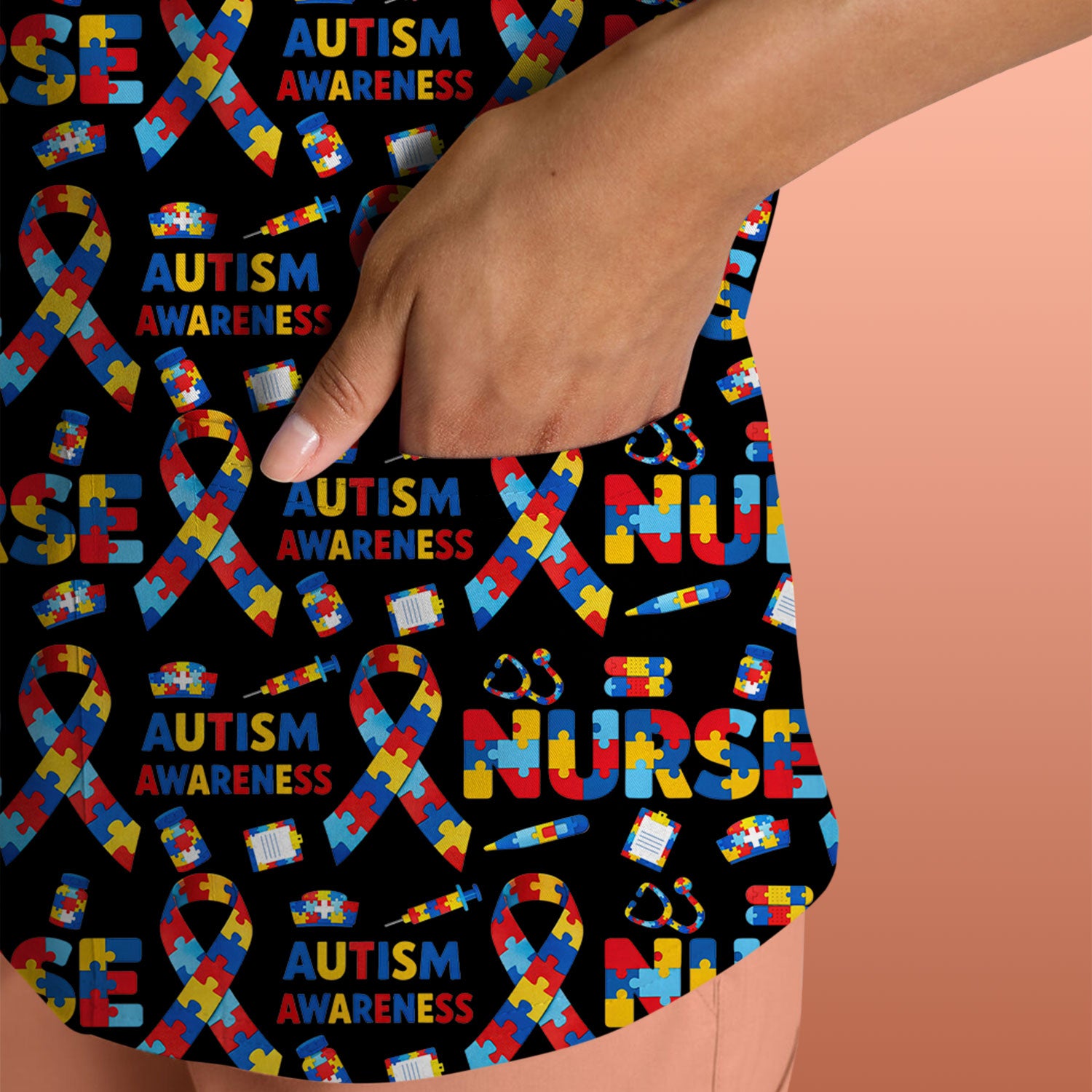 Autism Awareness Nurse Puzzle Ribbon Print Scrubs, Comfortable Scrubs for Nurses