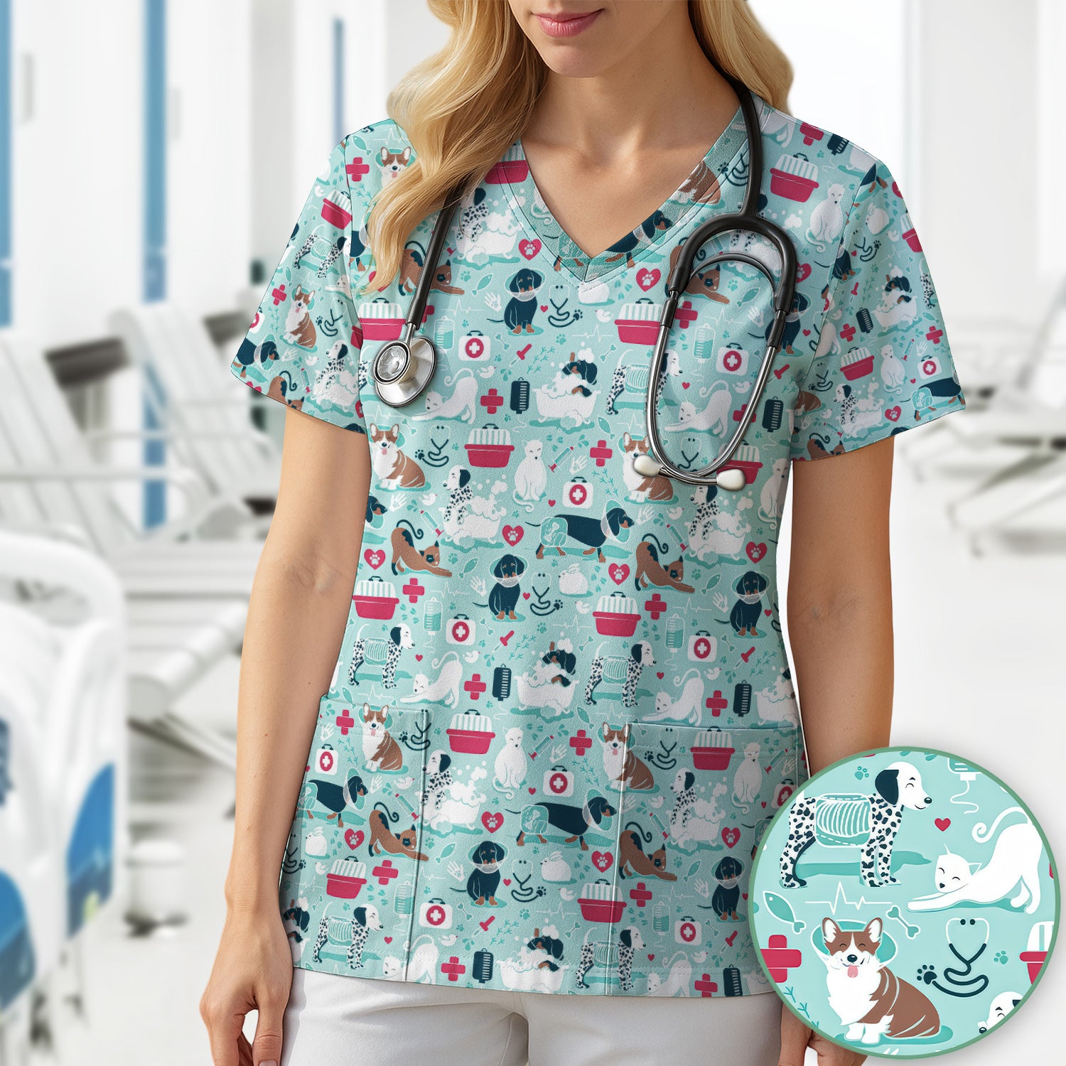 Dogs With Veterinary Tools And Paw Print Scrub Top, Breathable Fabrics Nursing Uniform