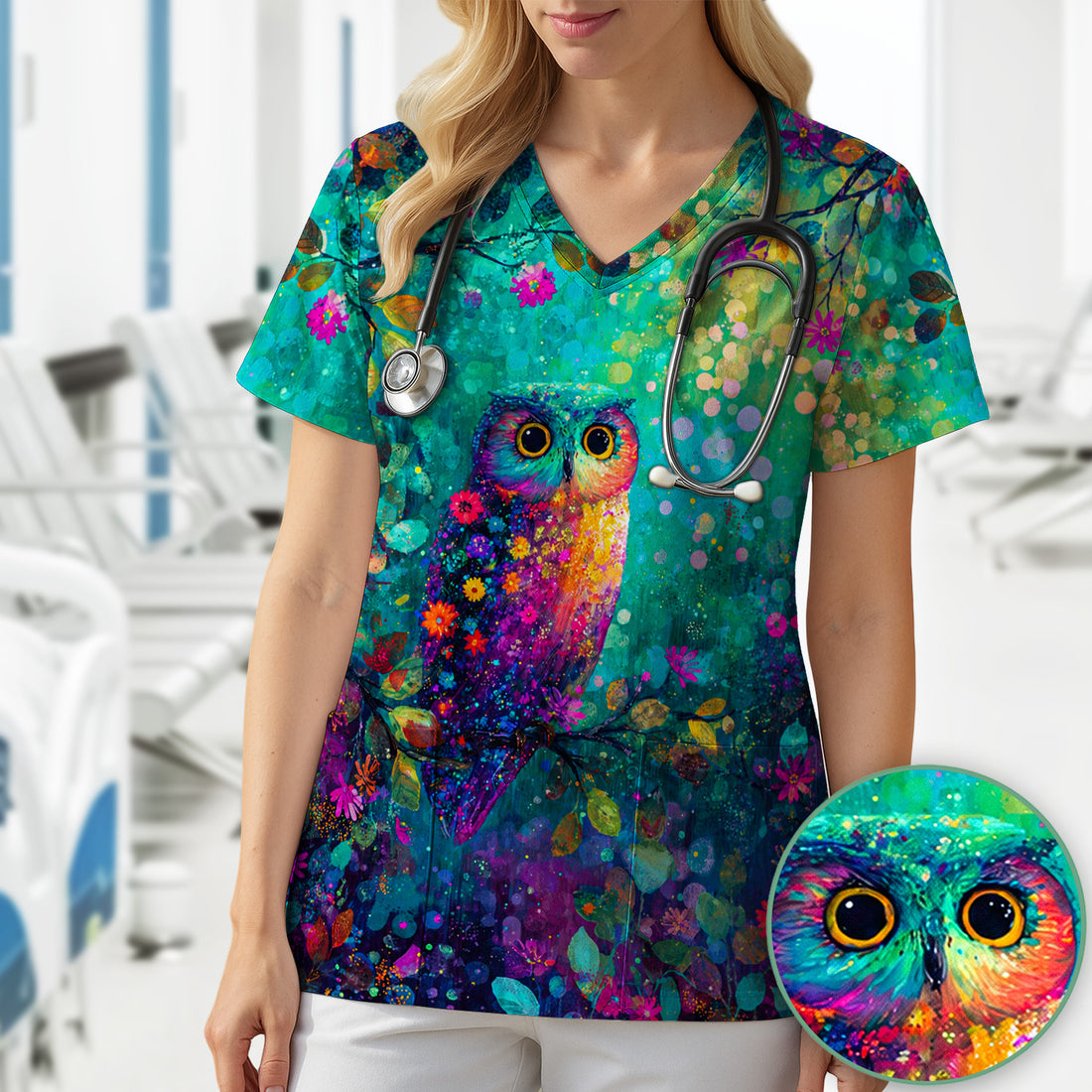Vibrant Neon Owl Pattern, Colorful Forest Medical Scrub Top, Comfortable Scrubs for Nurses