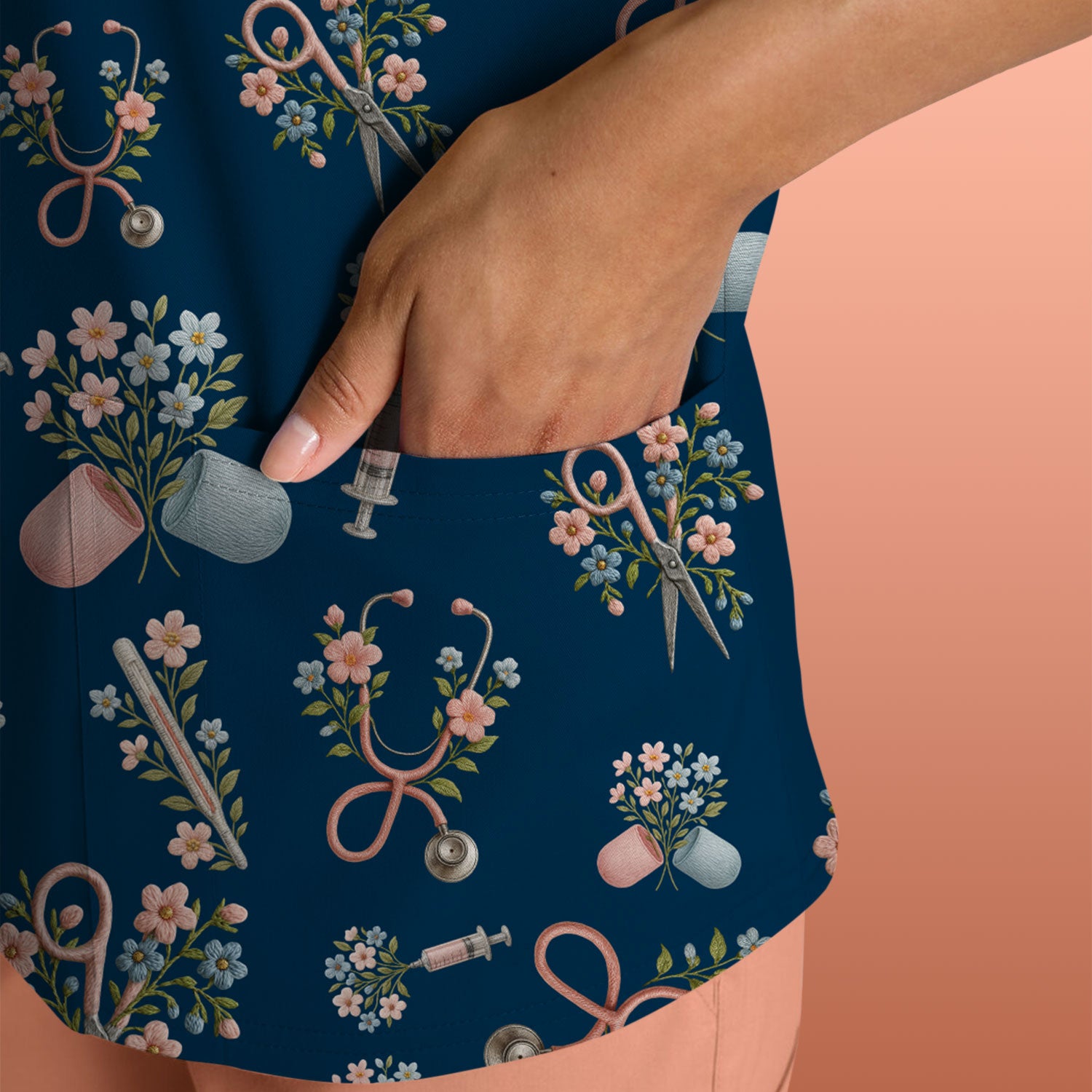 Floral Medical Scrub Top, Elegant Stethoscope With Flower Nursing Shirt, Breathable Fabrics Nurse Uniform