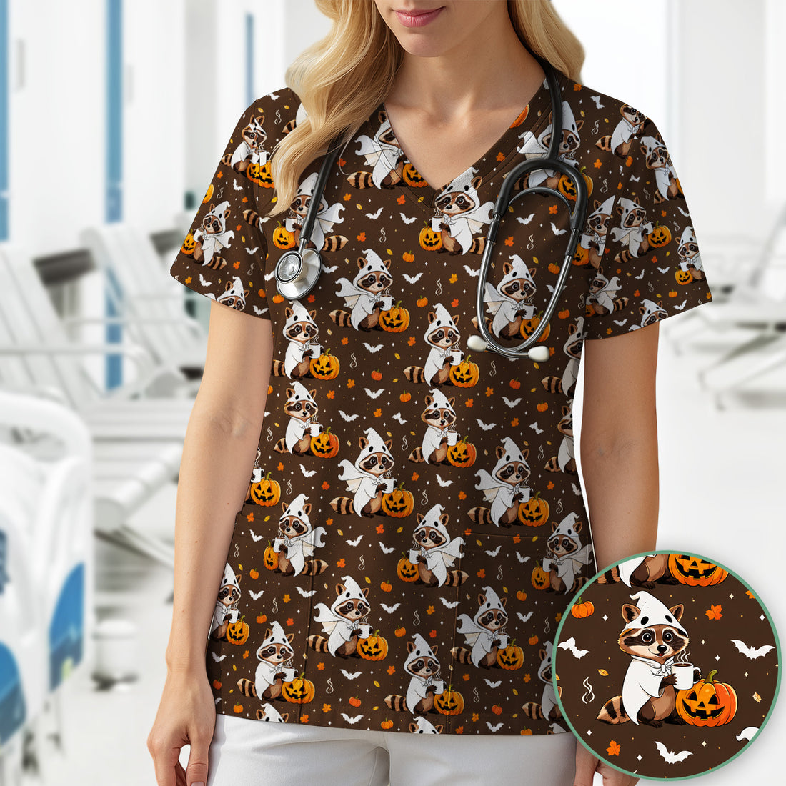 Halloween Ghost Raccoon Pumpkin Scrub Top, Comfortable Scrubs for Nurses