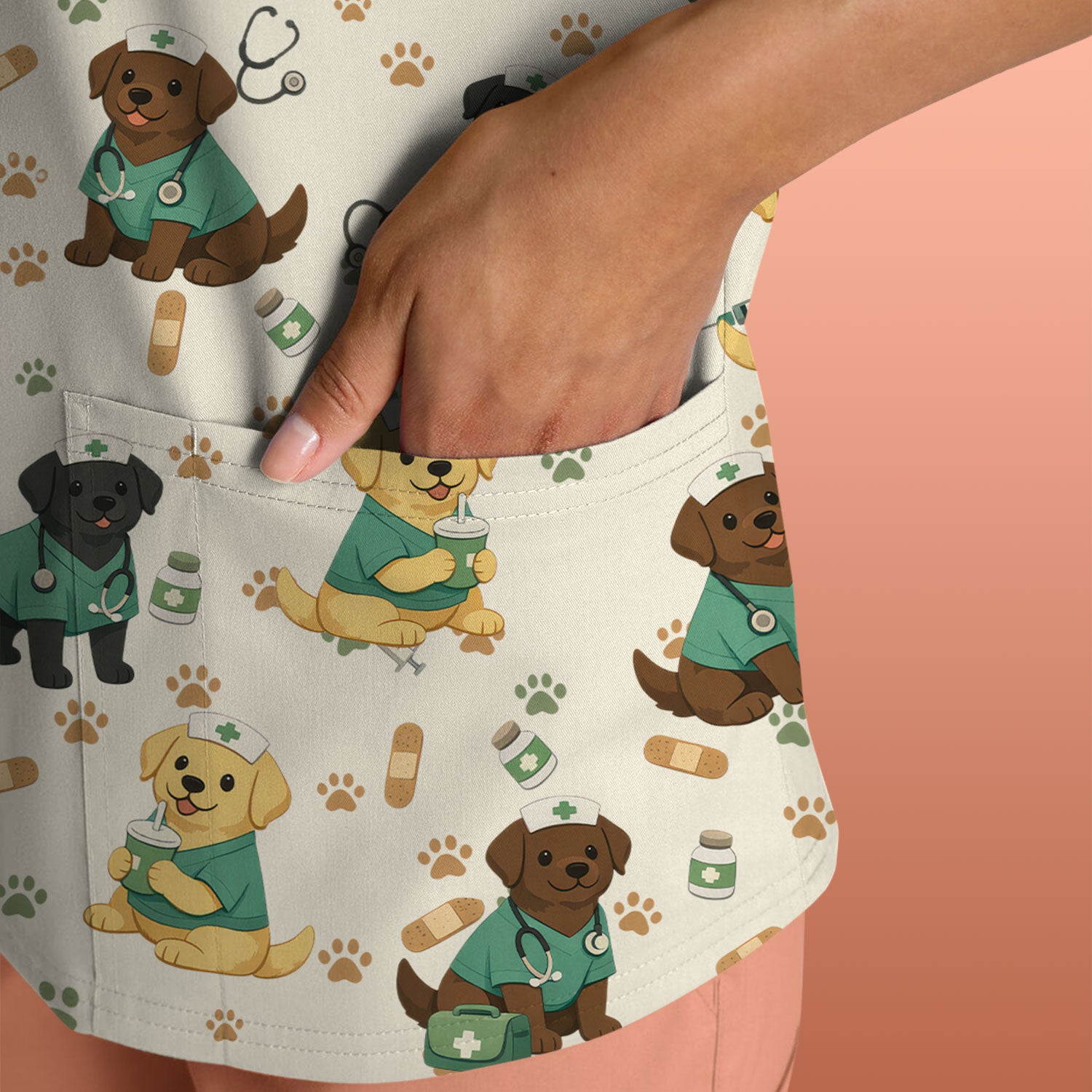 Labrador Retriever Nurse Scrub Top, Cute Medical Dog Pattern Nurses Shirt, Breathable Fabrics Nursing Uniform