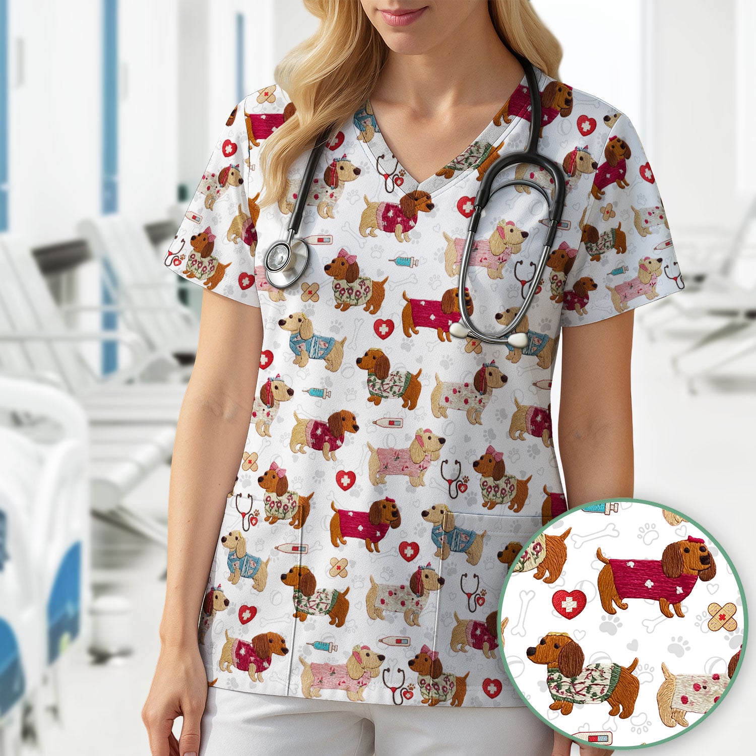 Cute Medical Wiener Dog Pattern Nurse Shirt, Dachshund Nursing Scrub Top, Breathable Fabrics Nursing Uniform