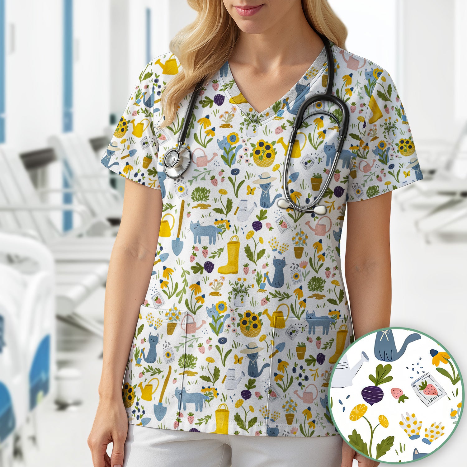 Cat Gardening Wildflower Tools Pattern Scrub Top, Comfortable Scrubs for Nurses