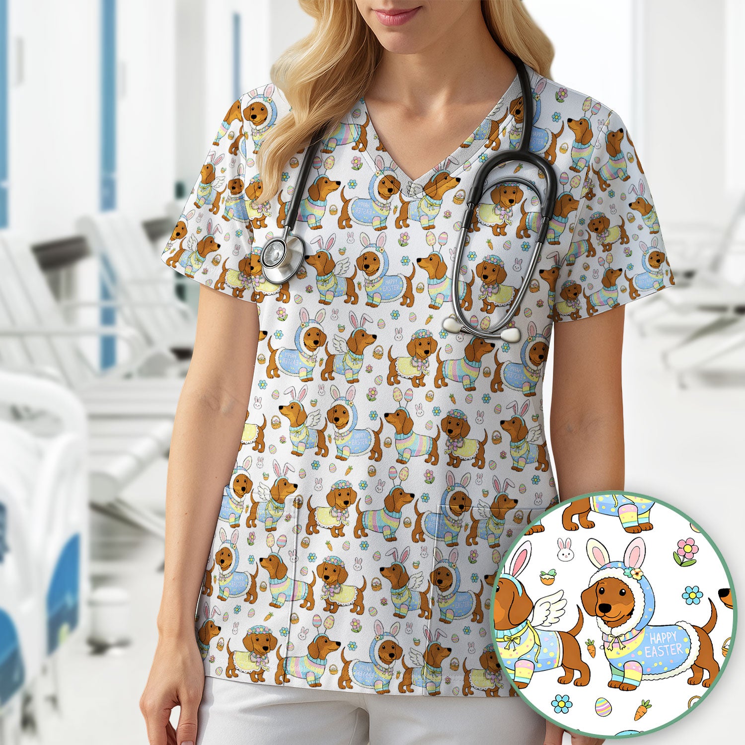 Easter Dachshund Bunny Print Scrub Top, Breathable Fabrics Nursing Uniform