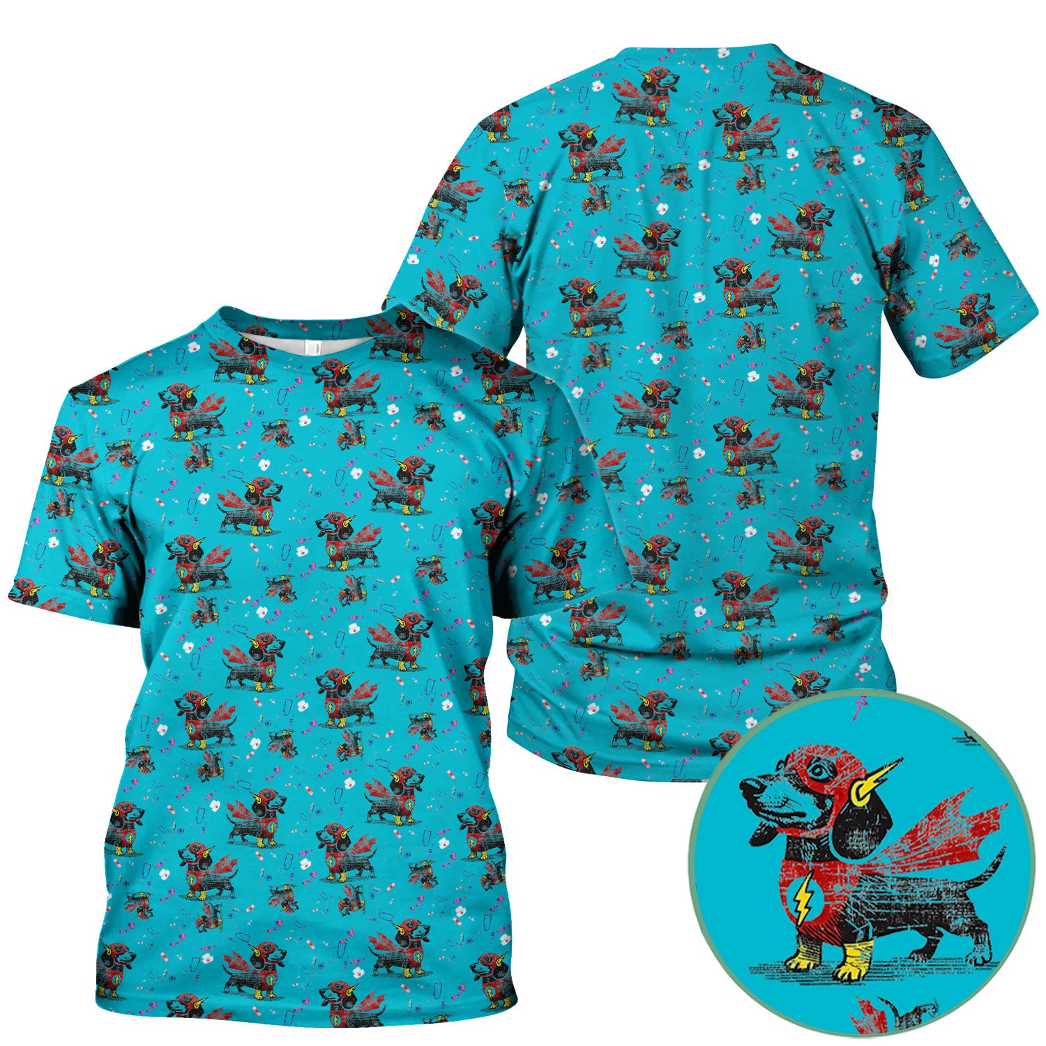 Super Nurse Dachshund Scrub Shirt - Hero Sausage Dog Print Medical Top - Funny Dog Print Gift for Nurses RN CNA LPN