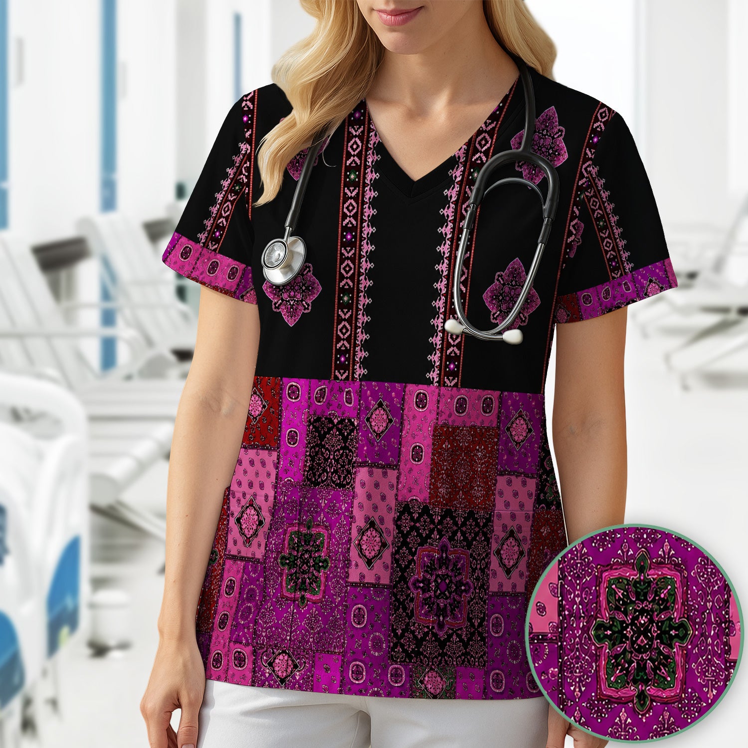Boho Pink Bandana Patchwork Pattern Scrub Top, Comfortable Scrubs for Nurses