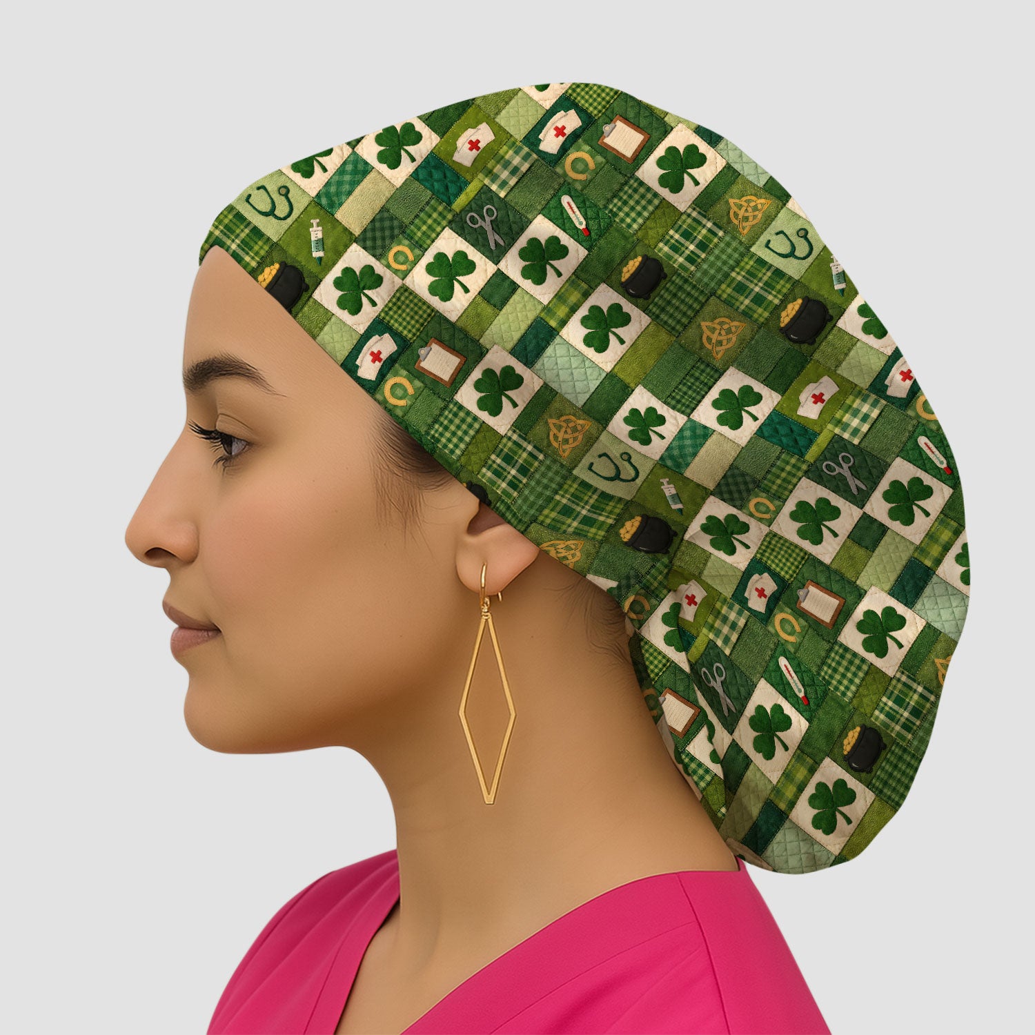 St Patrick Medical Patchwork Shamrock Bouffant Cap, Surgical Caps for Doctors