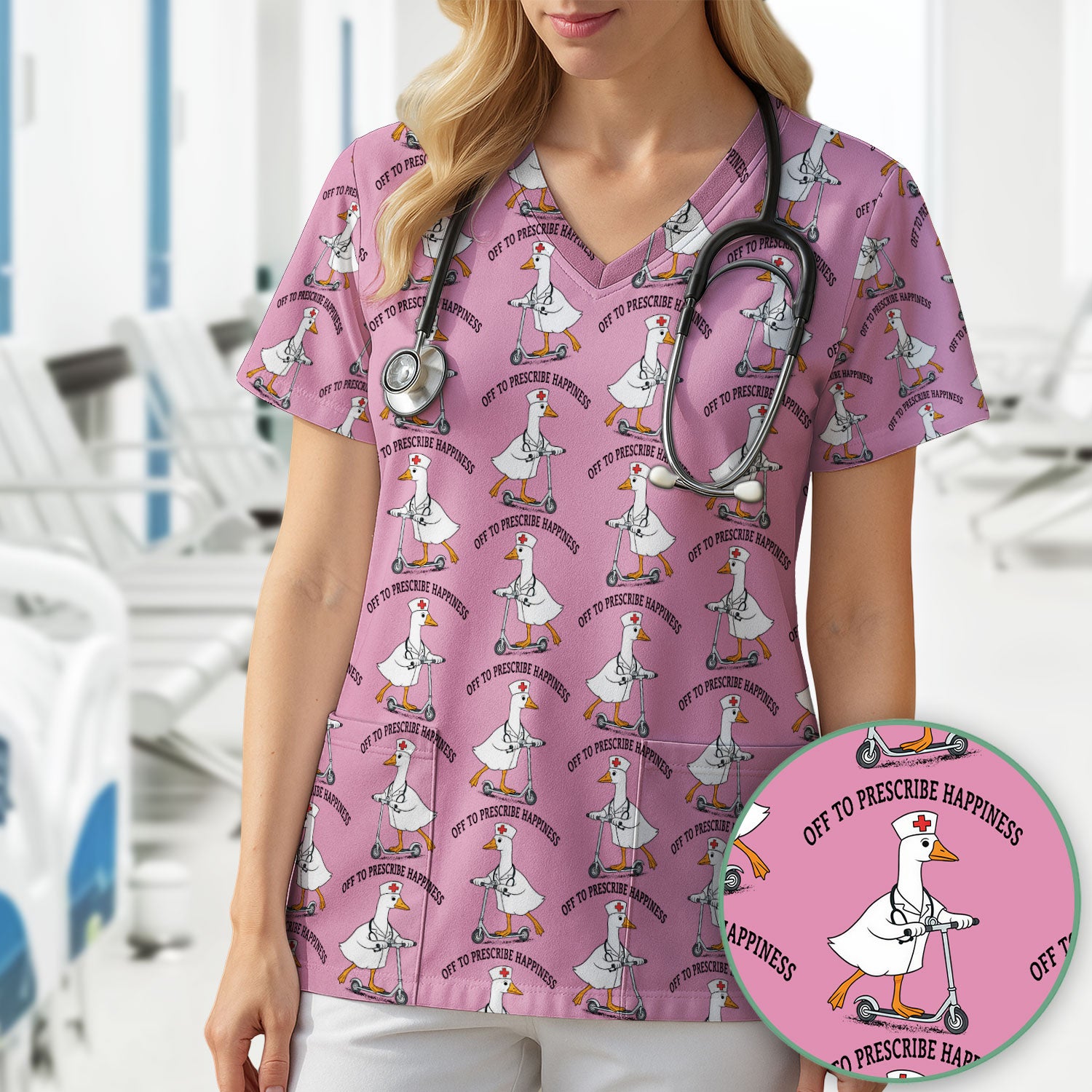 Nurse Goose Scooter Print Scrub Top, Breathable Fabrics Nursing Uniform
