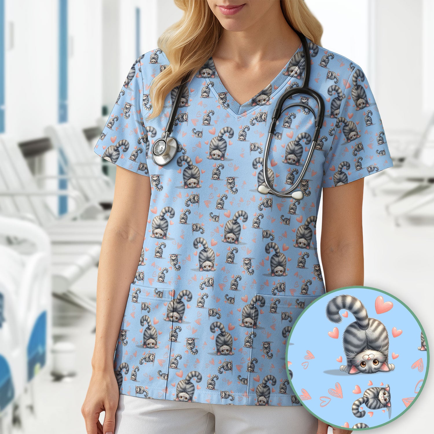 Valentine Cute Cat Scrub Top, Cat Heart Pattern Nurse Uniform, Comfortable Scrubs For Nurses