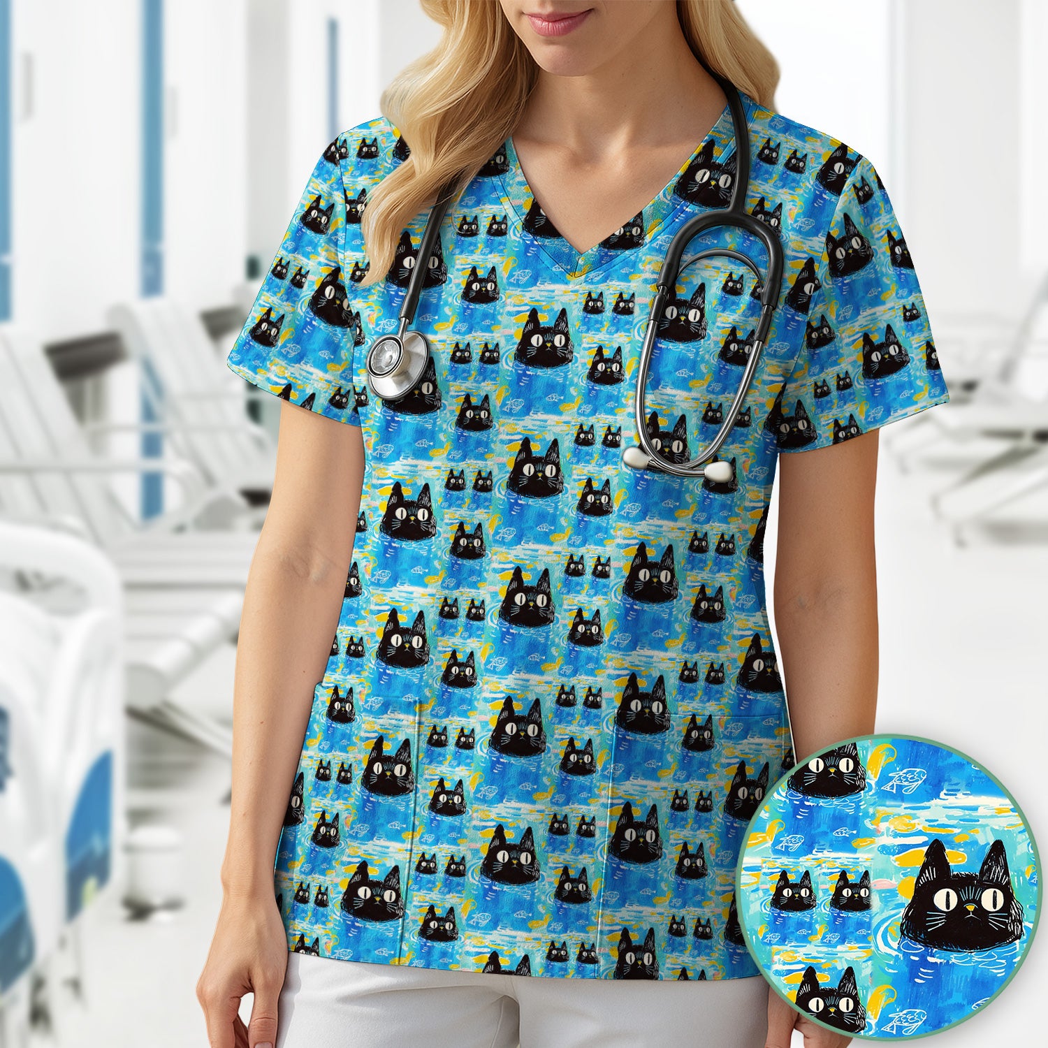 Black Cat Swimming In Blue Water Pattern Scrub Top, Comfortable Scrubs for Nurses