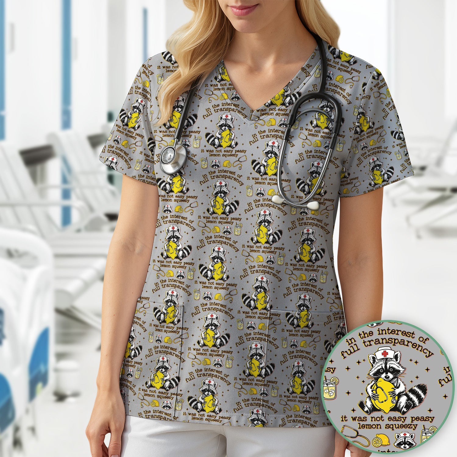 Raccoon Lemon Quote Medical Humor Pattern Scrub Top, Breathable Fabrics Nursing Uniform
