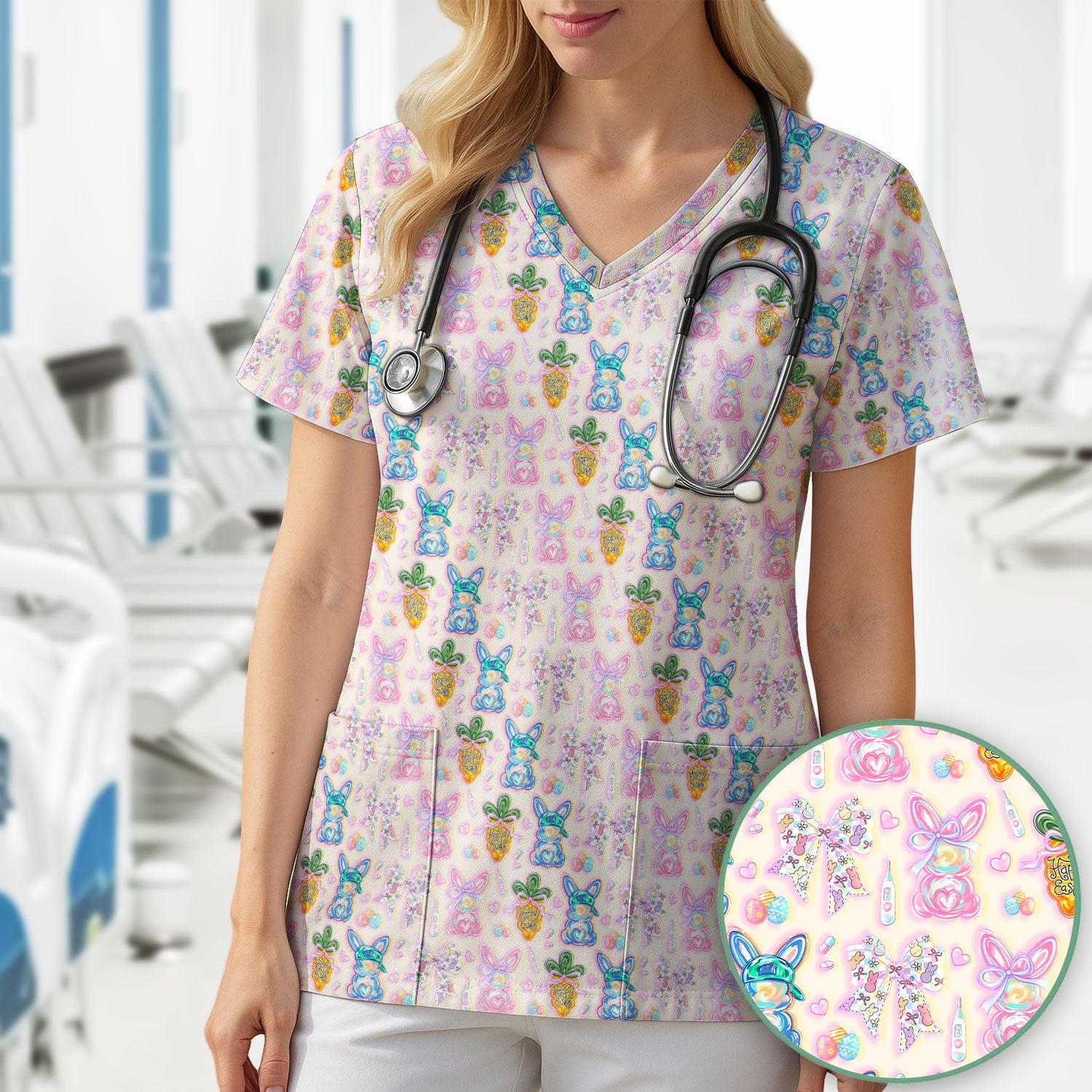 Easter Bunny Carrot Bow Floral Print Scrub Top, Comfortable Scrubs for Nurses