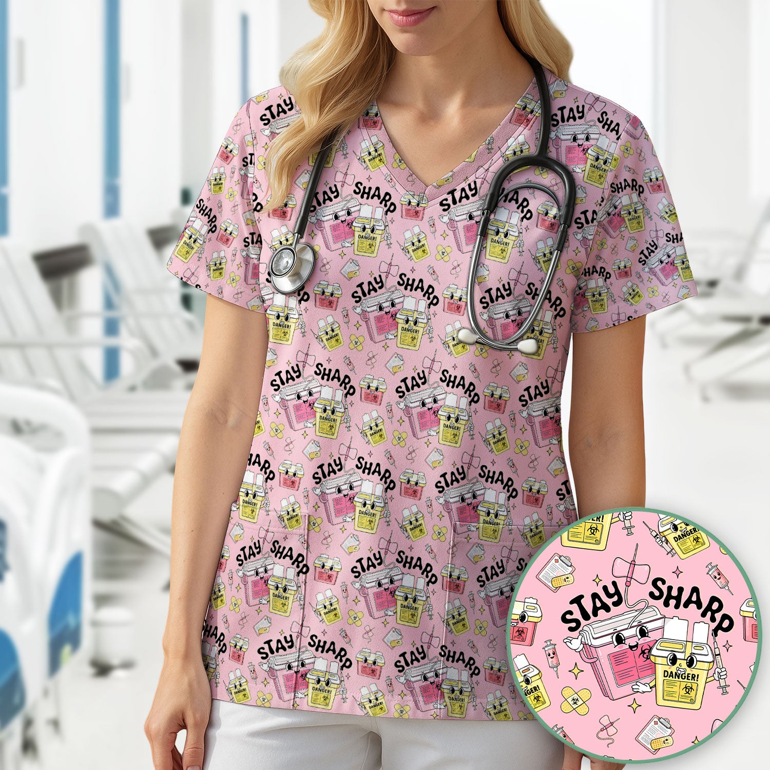 Stay Sharp Nurse Scrub Top, Cute Medical Pattern Scrubs, Breathable Fabrics Nursing Uniform
