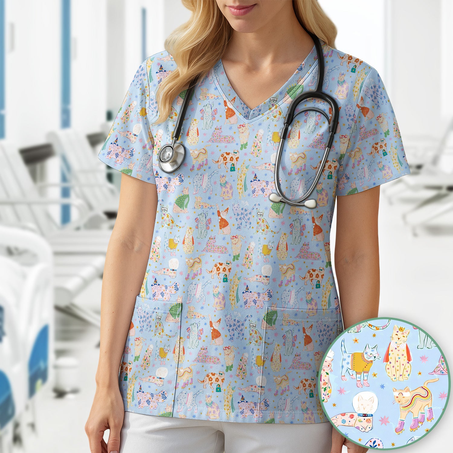 Cute Colorful Cats Pattern Scrub Top, Comfortable Scrubs for Nurses