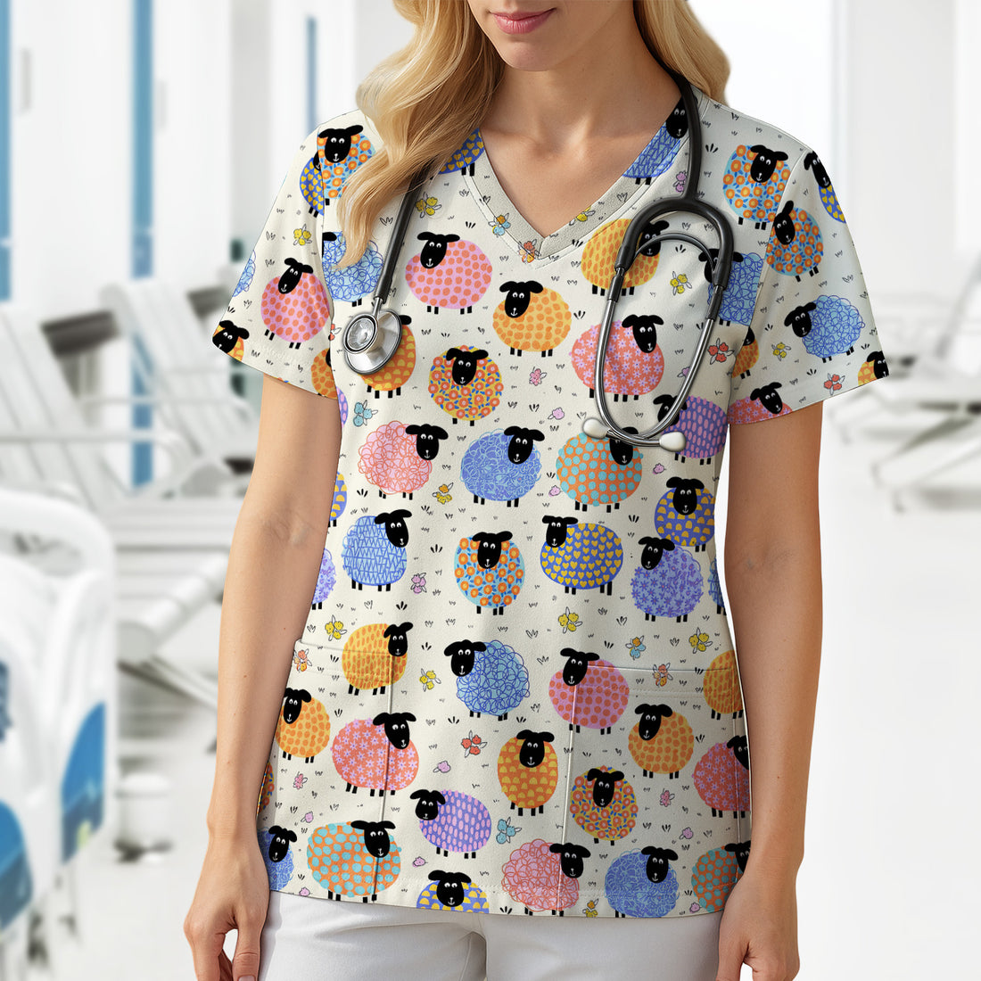 Funny Colorful Sheep Pattern Scrub Top, Comfortable Scrubs for Nurses