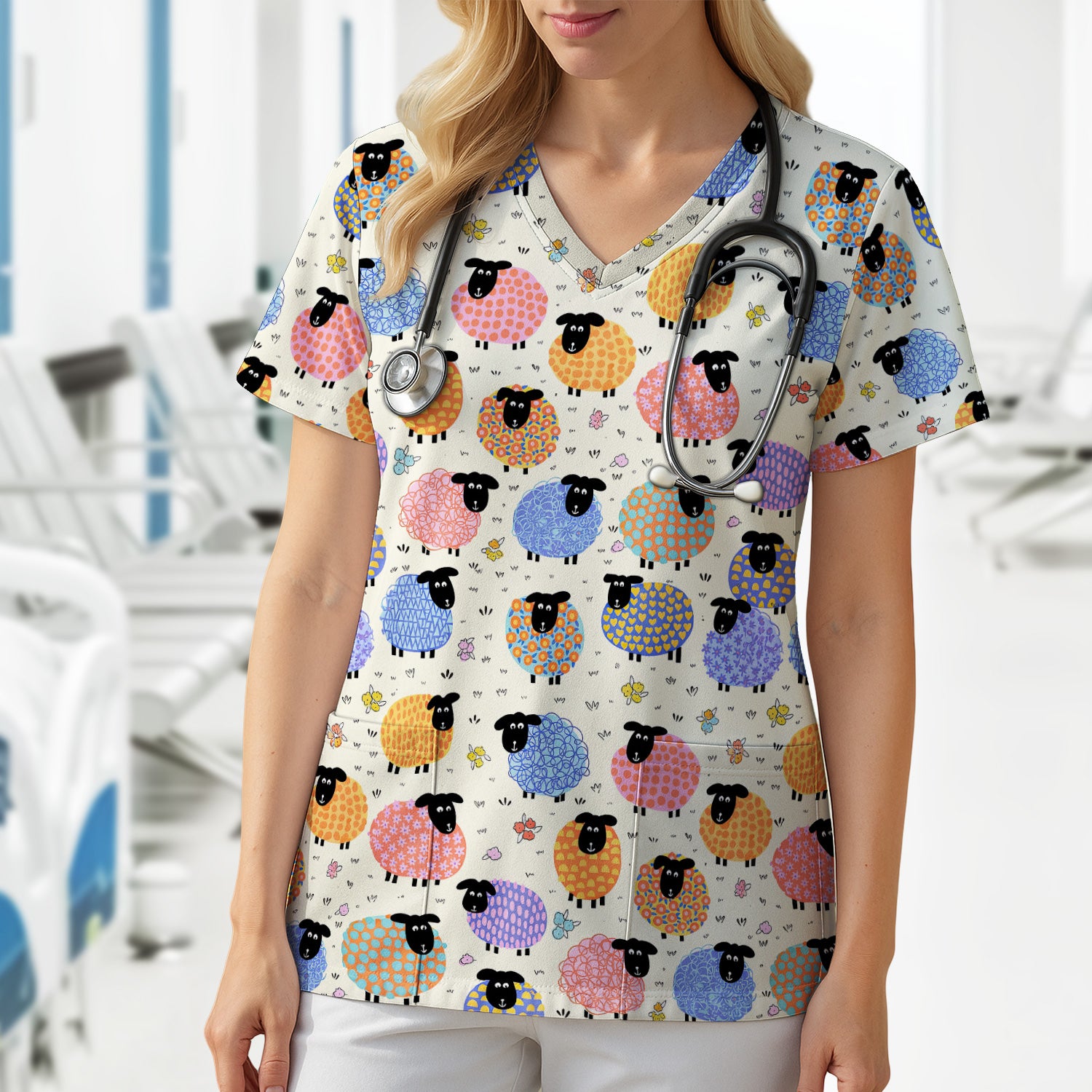 Funny Colorful Sheep Pattern Scrub Top, Comfortable Scrubs for Nurses