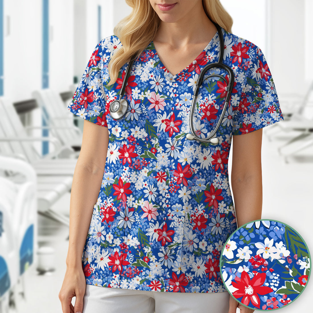 Patriotic Red White Blue Floral Garden Print Scrub Top, Comfortable Scrubs for Nurses