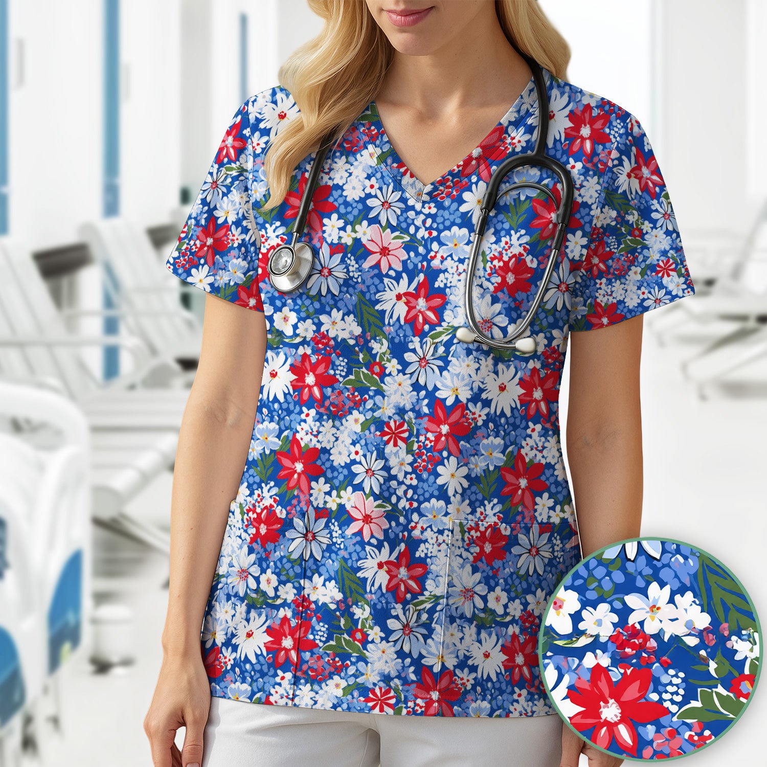Patriotic Red White Blue Floral Garden Print Scrub Top, Comfortable Scrubs for Nurses