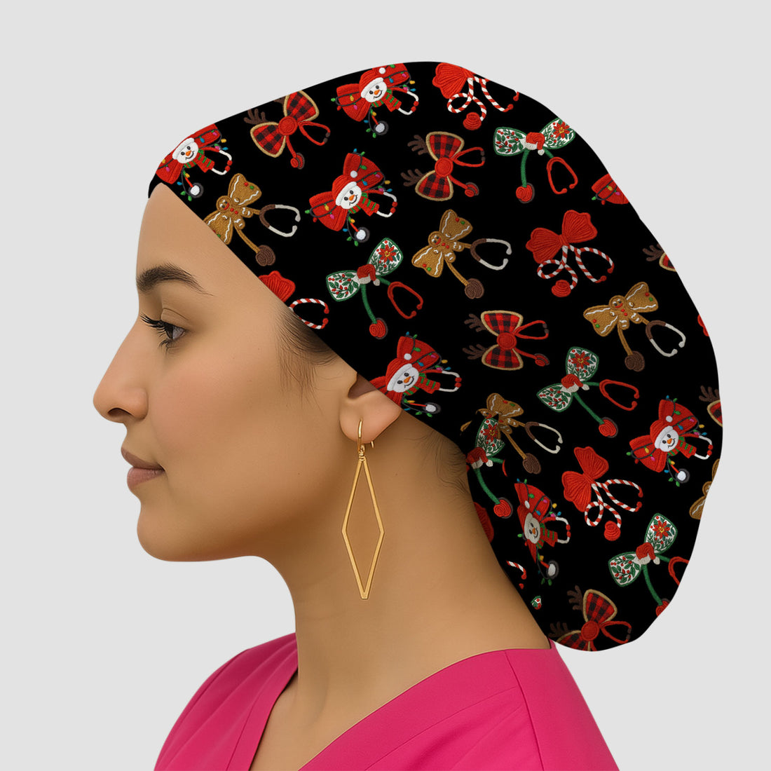 Christmas Stethoscope Bow Nurse Scrub Cap, Xmas Pattern Scrub Hat, Holiday Nursing Uniform