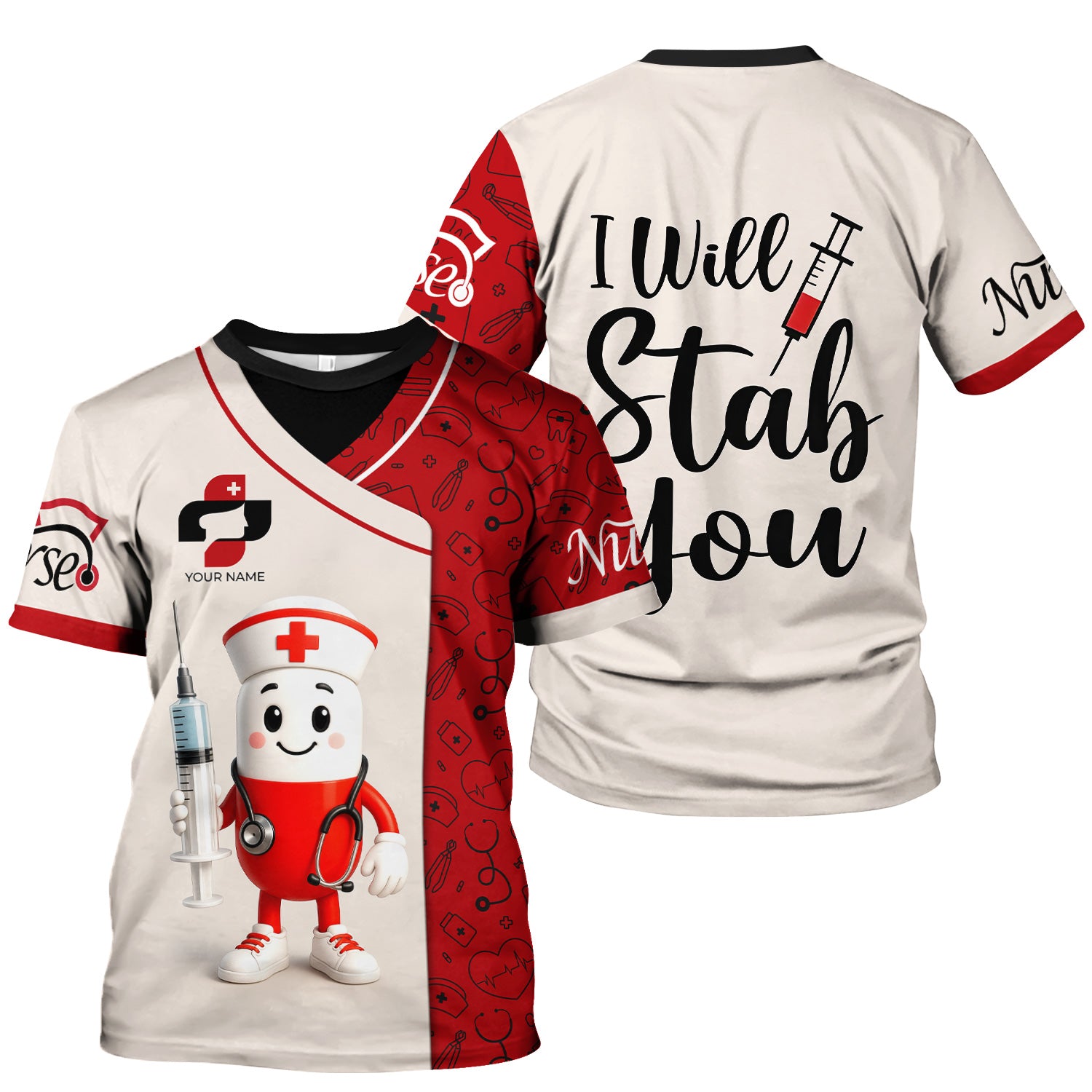 Funny Personalized Nurse Shirt - Pill Cartoon with Syringe - Custom Gift for RN CNA LPN or Nursing Student