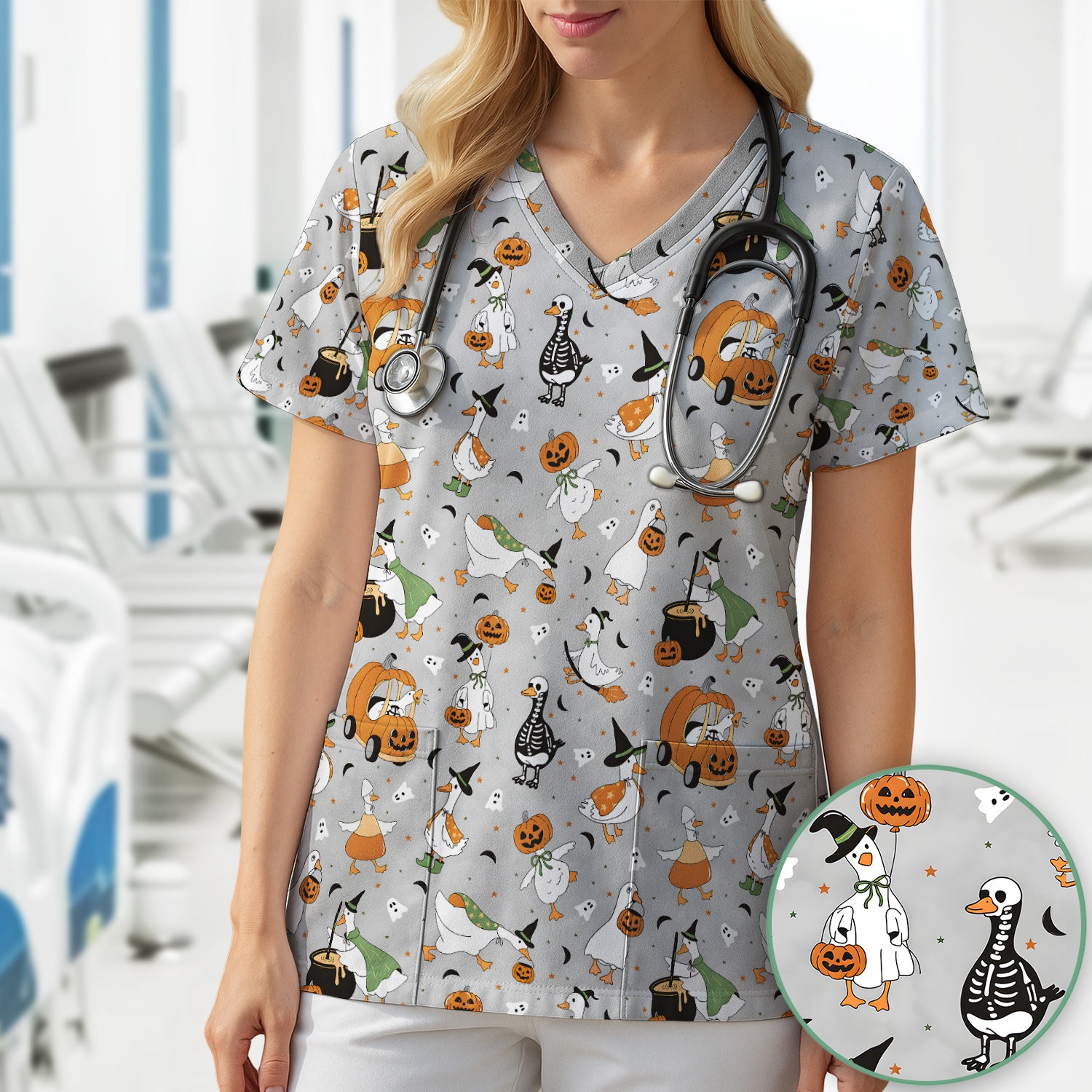 Goose with Pumpkin Checkered Print Scrub Top, Comfortable Scrubs for Nurses